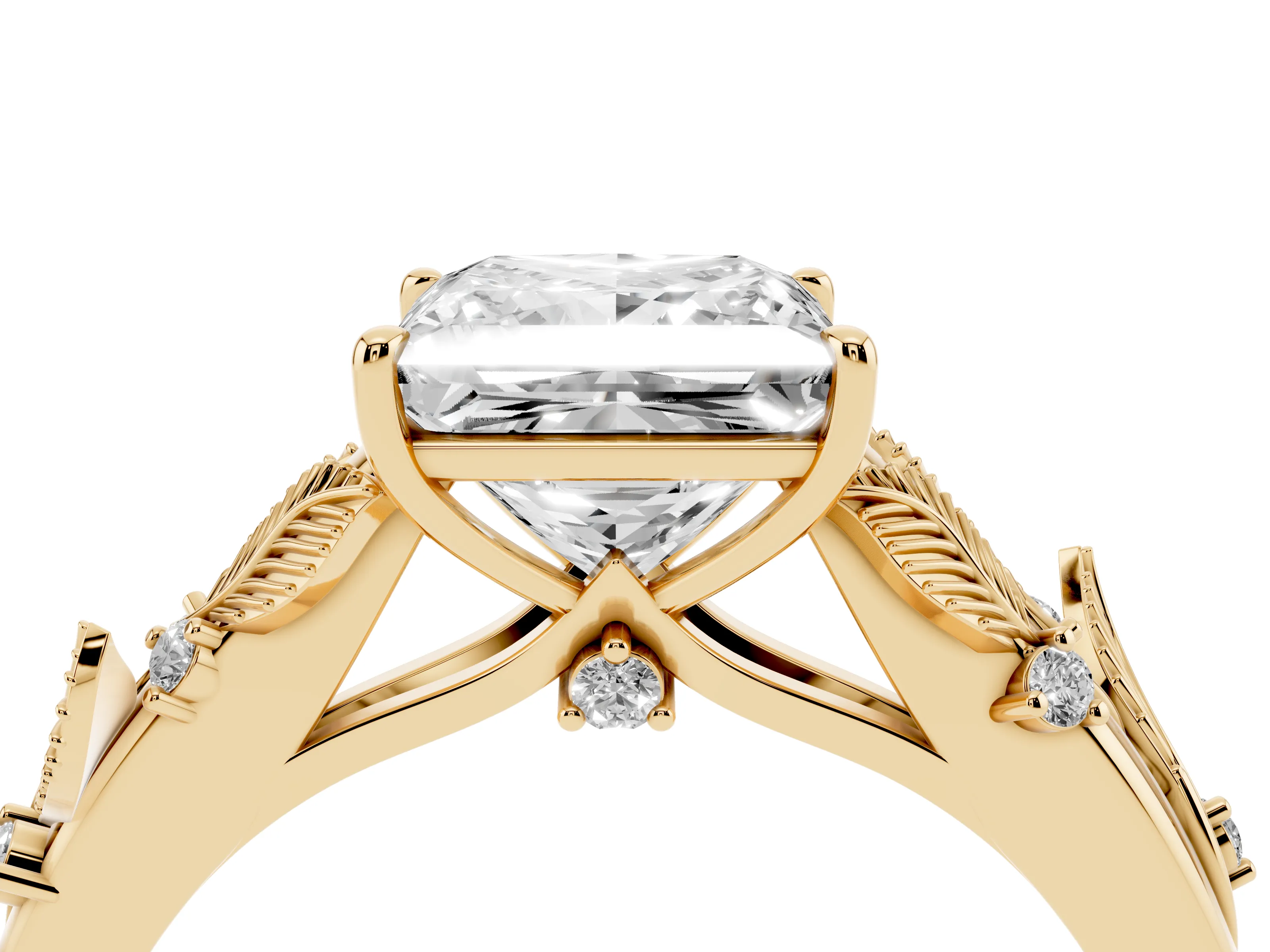 Princess Cut Diamond Solitaire Ring Set in Yellow gold with Leaf Motif Band