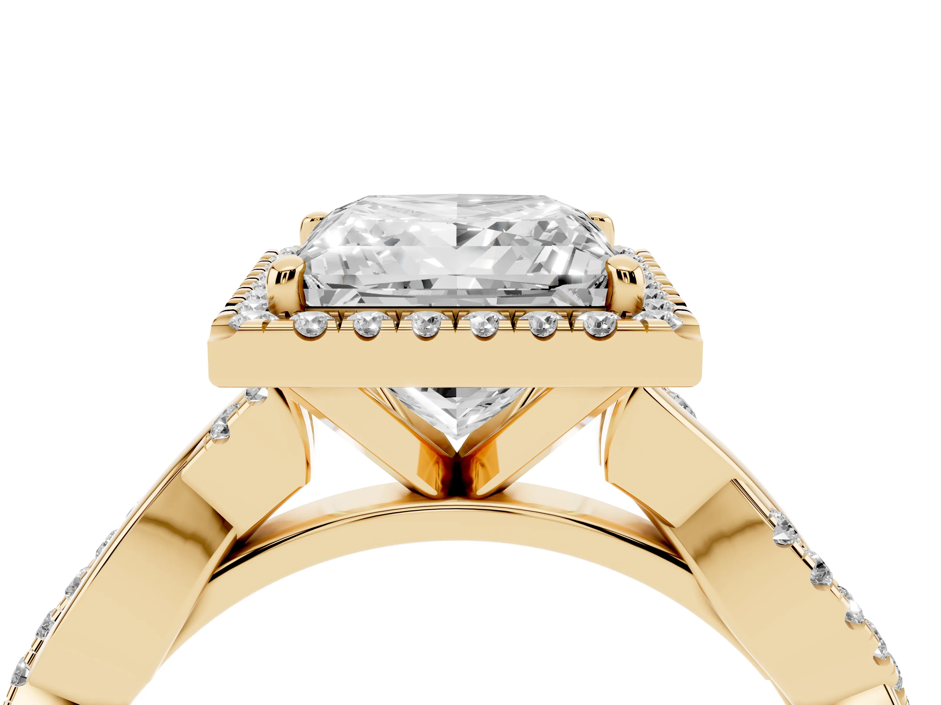 Princess Cut Diamond Halo Twisted Band Ring Set in Yellow gold with Prong Setting