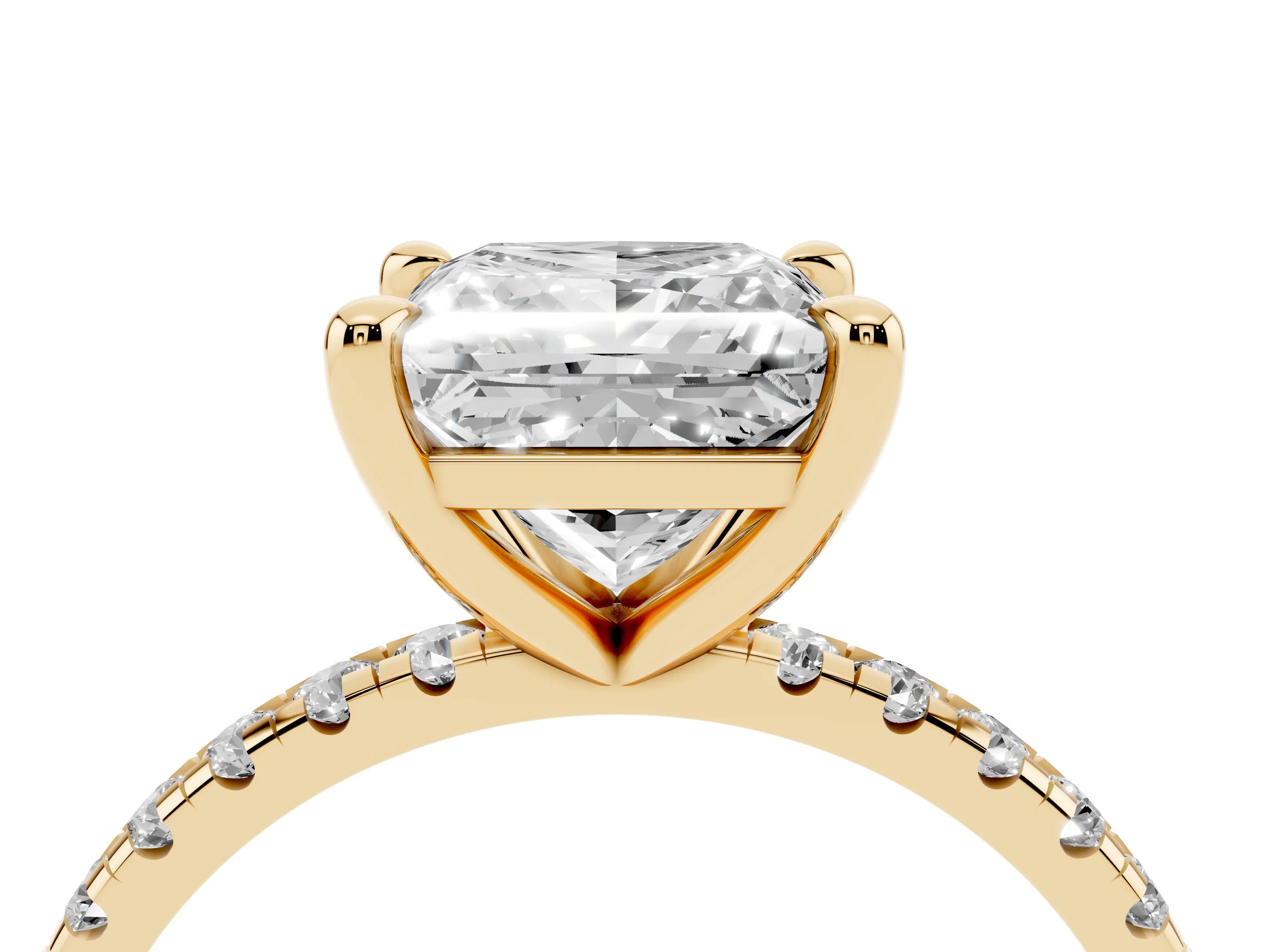 Princess Cut Diamond Brilliant Solitaire Ring Set in Yellow gold with Pavé Band and Prong Setting