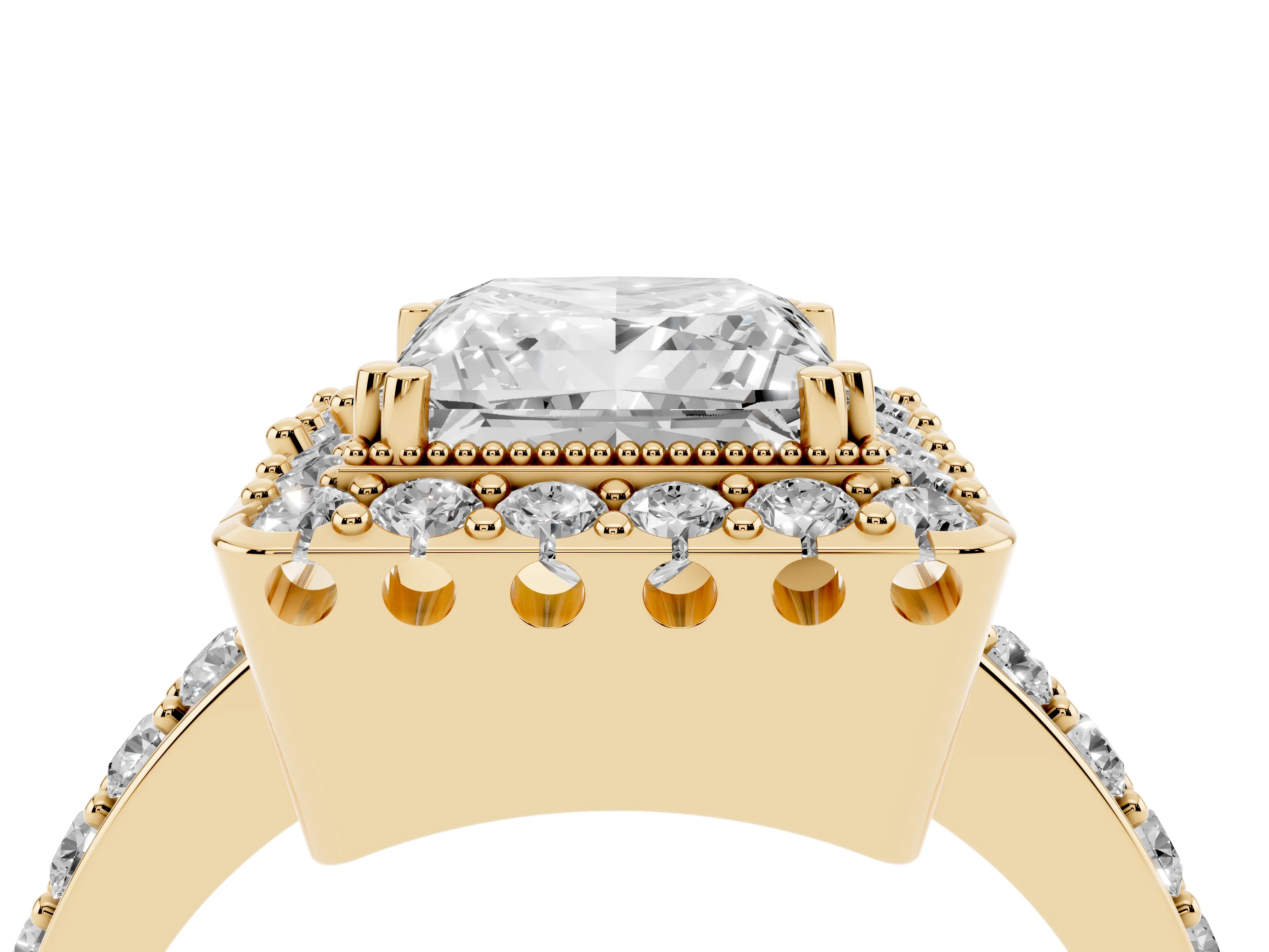 Princess Cut Diamond Halo Ring Set in Yellow gold with Pavé Shank and Prong Setting