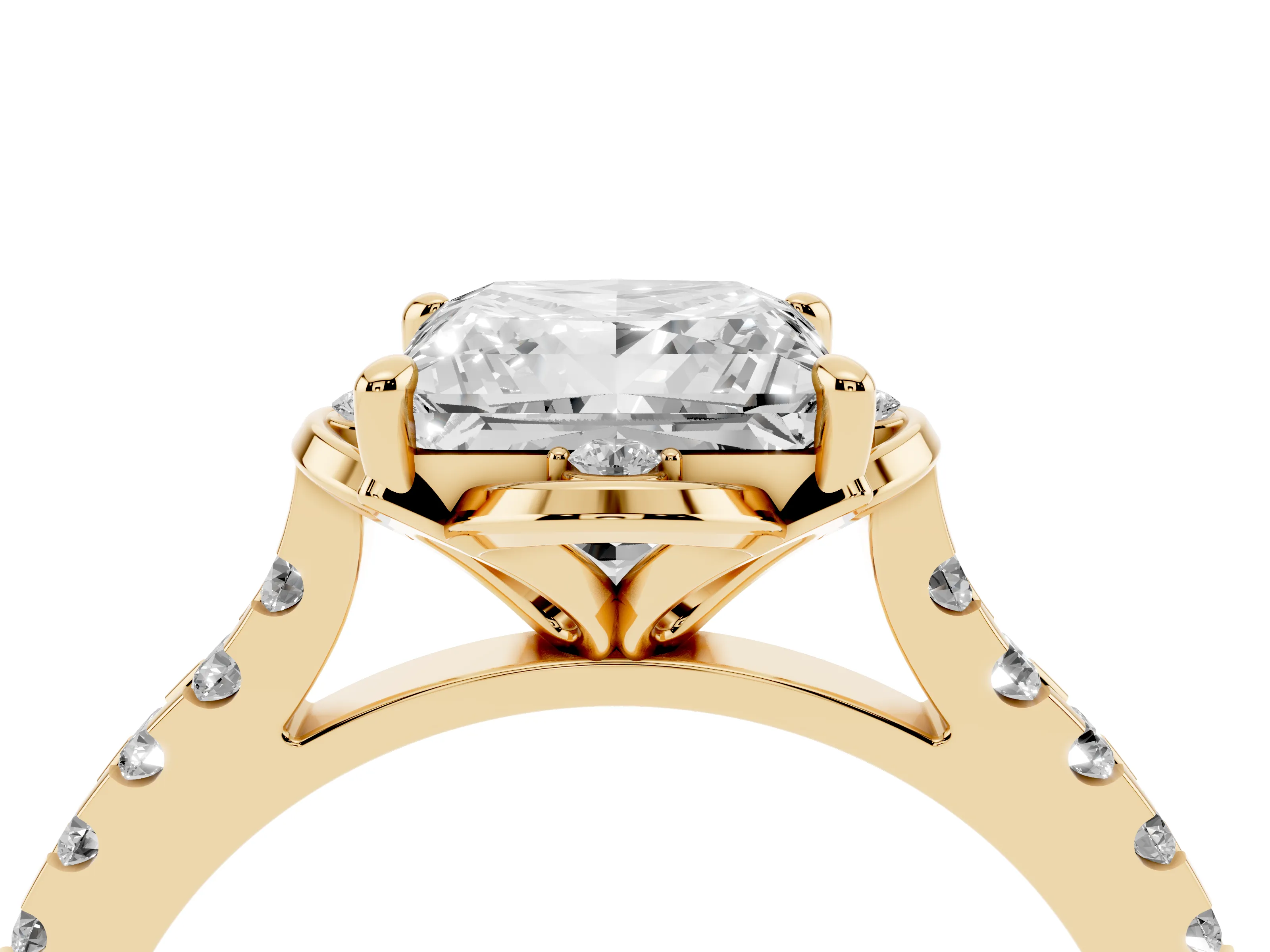 Princess Cut Diamond Solitaire Ring Set in Yellow gold with Pavé Band and Floral Prong Setting