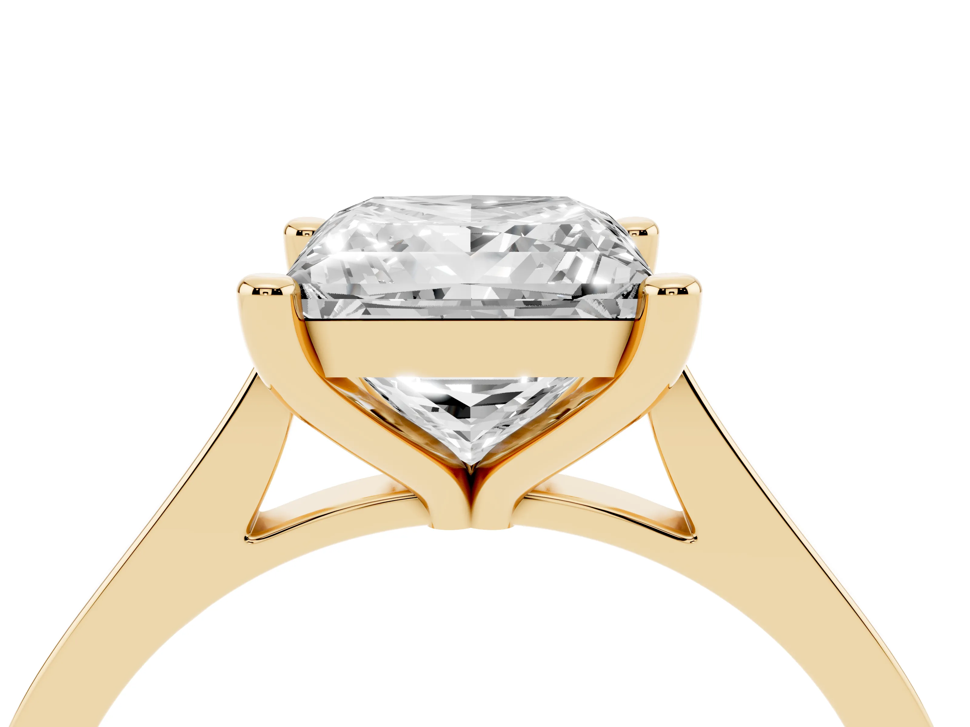 Princess Cut Diamond Solitaire Ring Set in Yellow gold with Prong Setting and Tapered Band