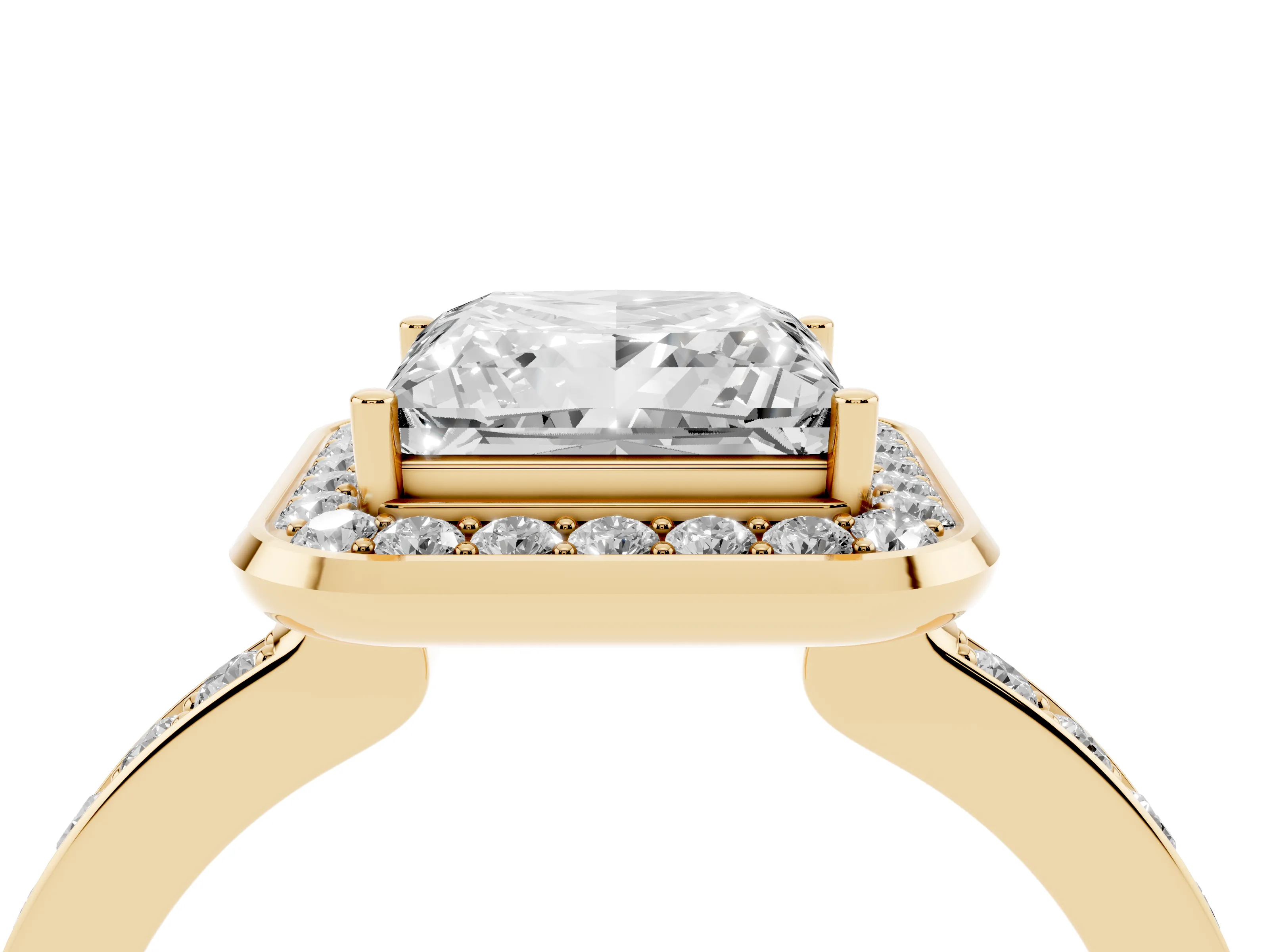 Princess Cut Diamond Halo Ring Set in Yellow gold with Bezel Frame and Pavé Band