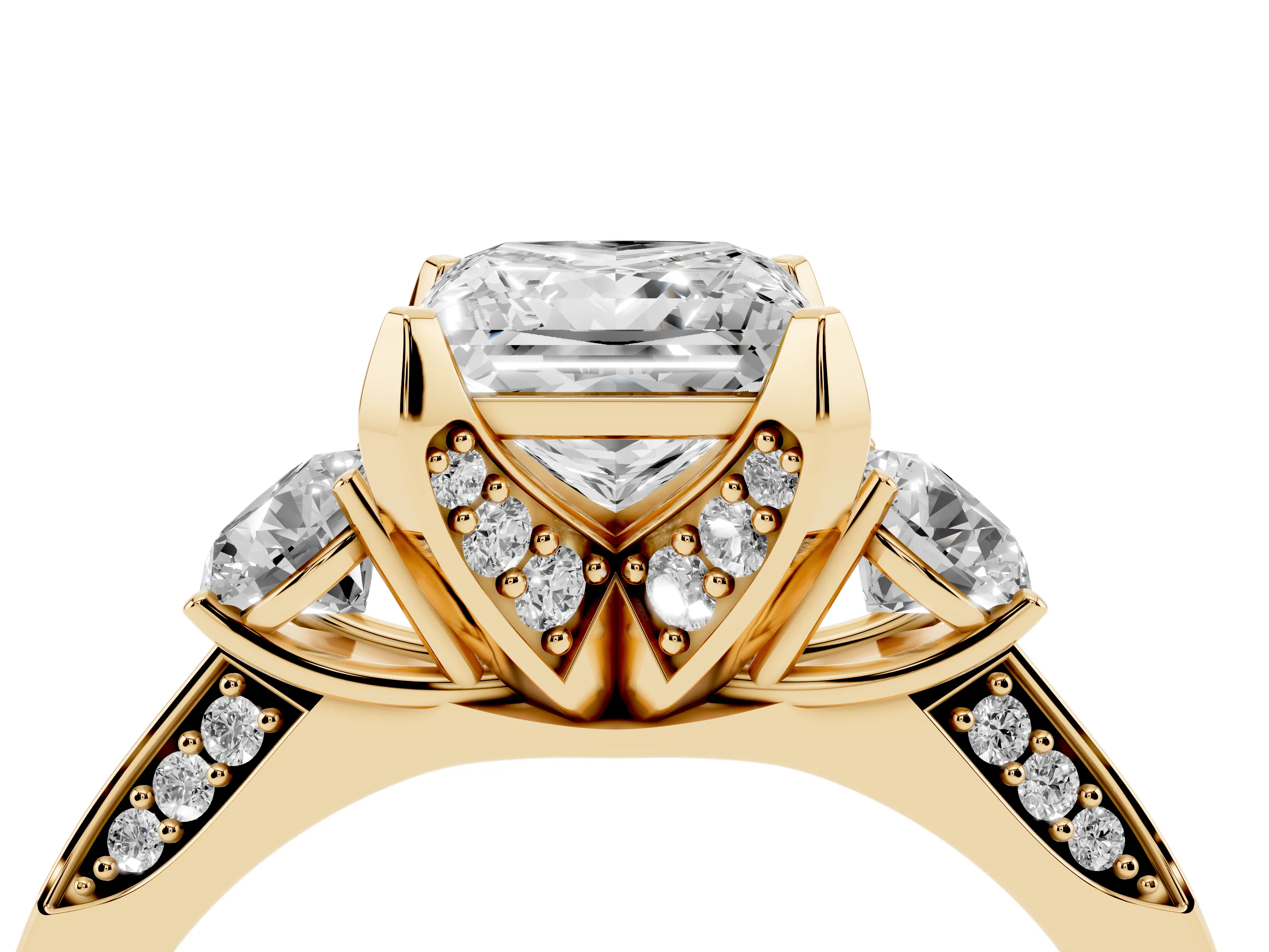Princess Cut Diamond Three-Stone Ring Set in Yellow gold with Pavé Band and Smaller Side Stones