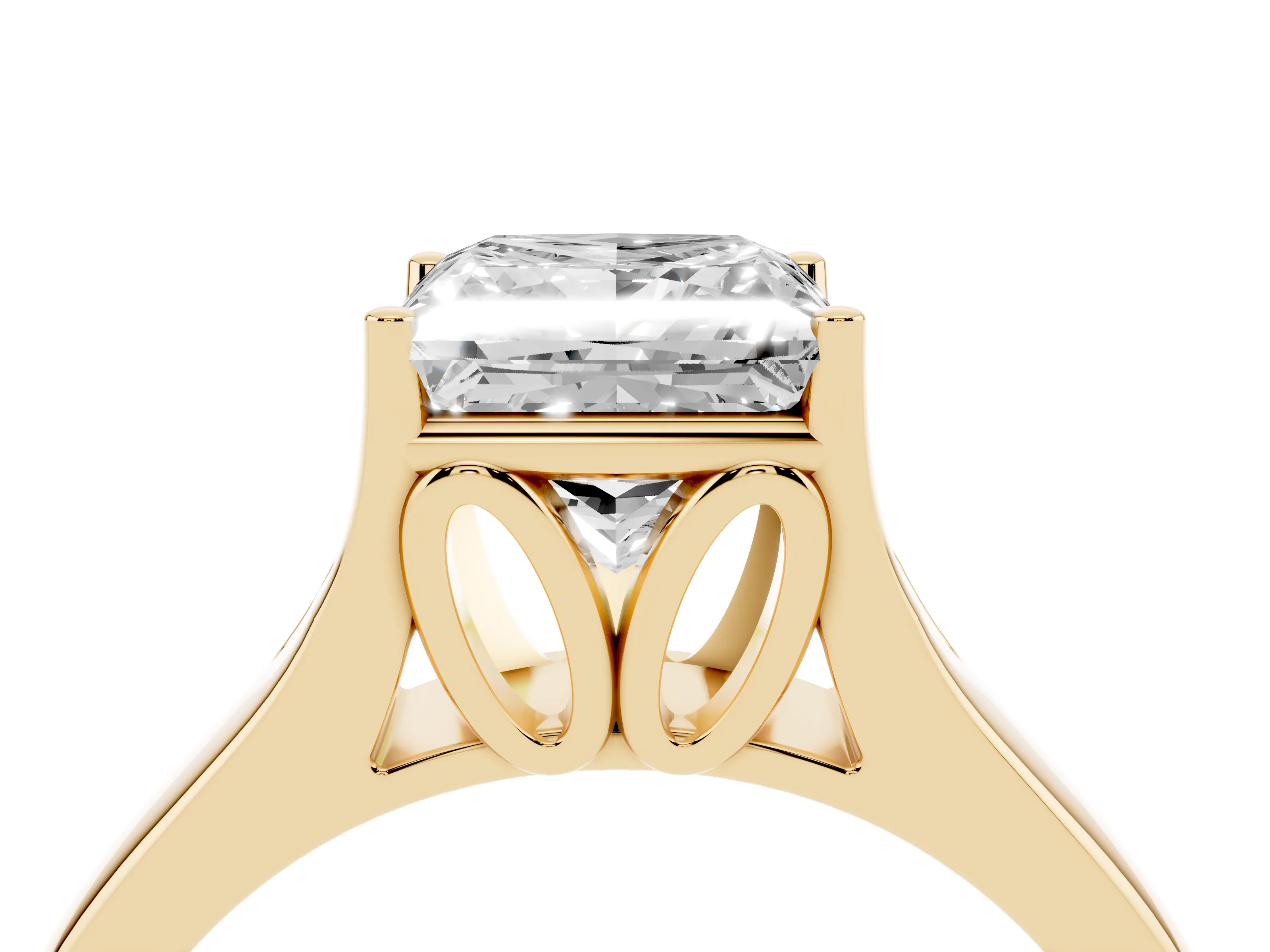 Princess Cut Diamond Solitaire Ring Set in Yellow gold with Arched Cathedral Band and Prong Setting