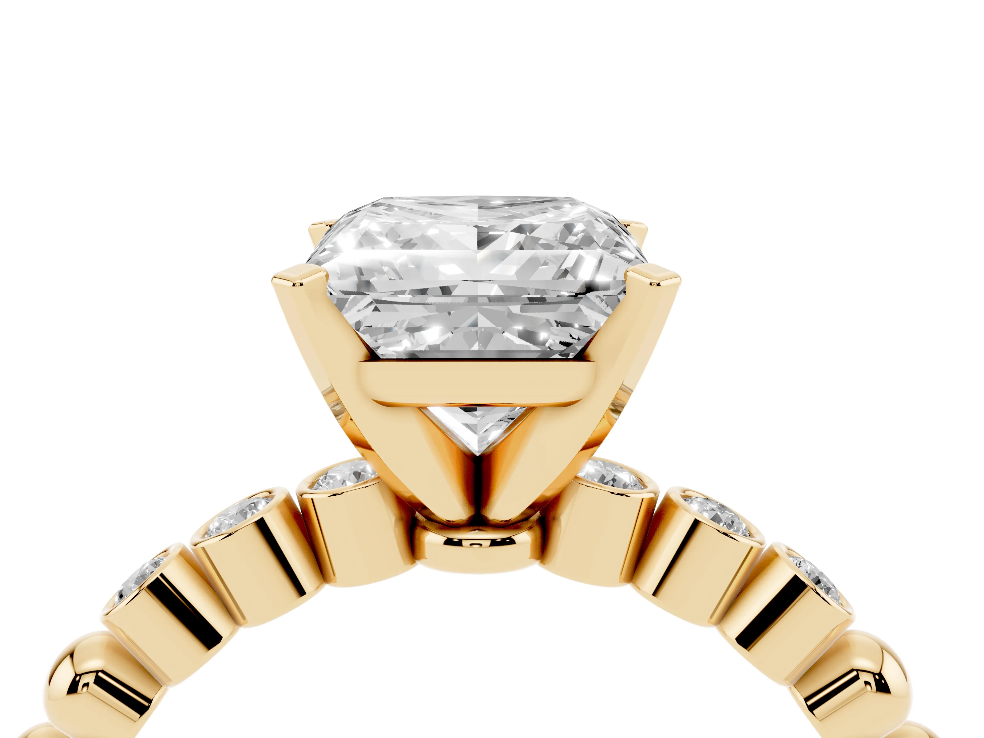 Princess Cut Diamond Solitaire Engagement Ring Set in Yellow gold with Bezel Accents on Beaded Band