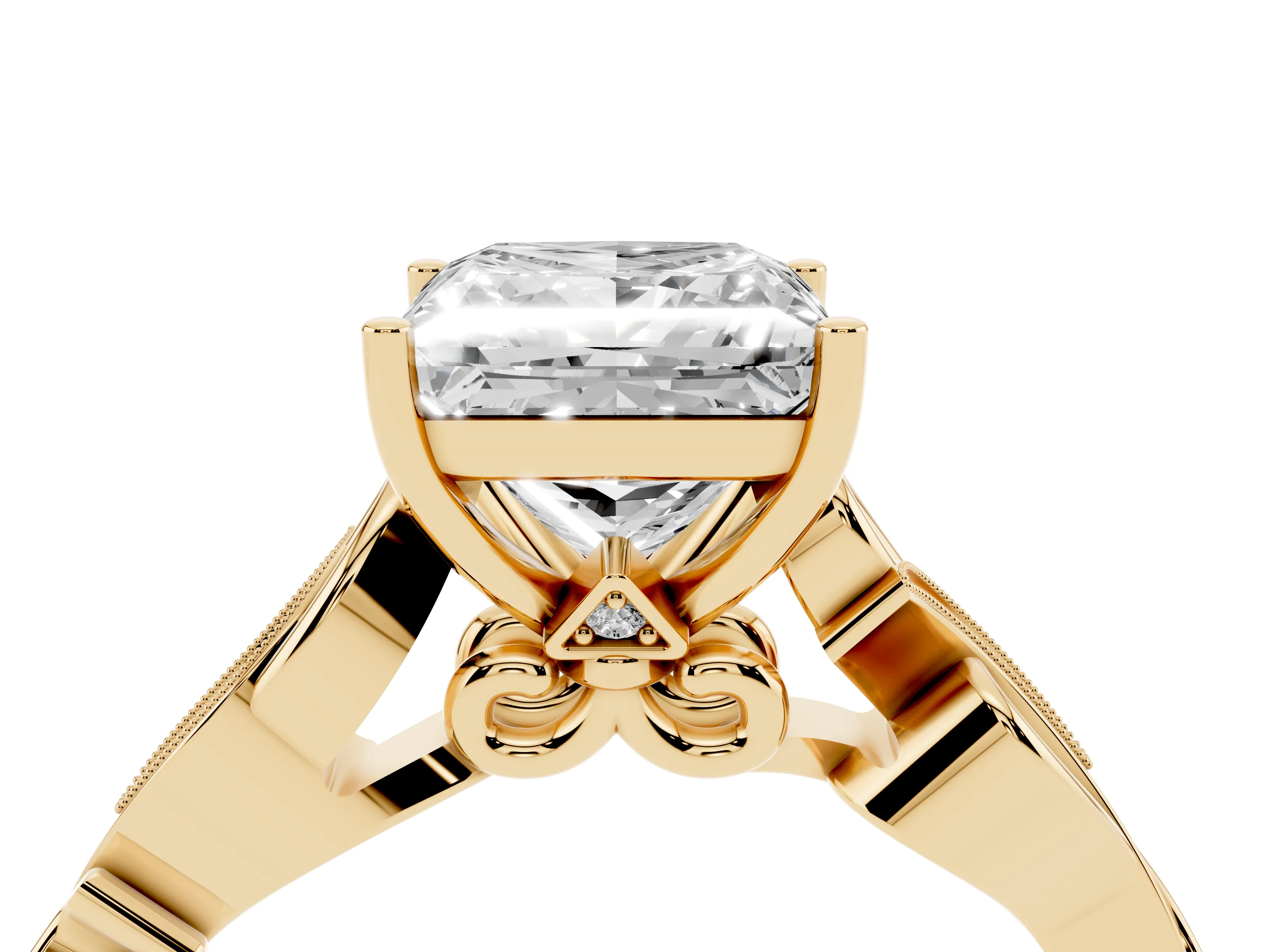 Princess Cut Diamond Vine Band Solitaire Ring Set in Yellow gold with Milgrain Prong Setting