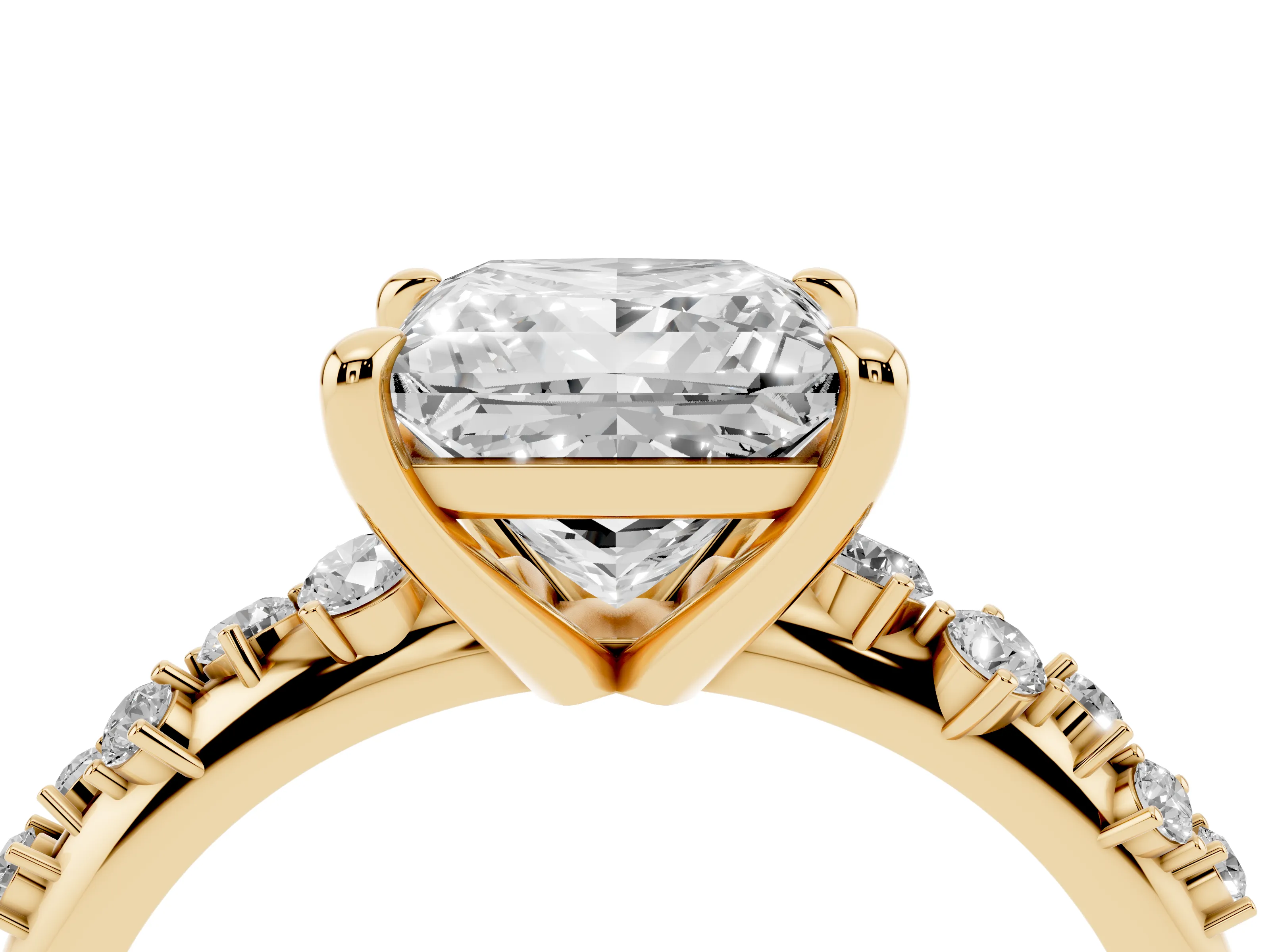 Princess Cut Diamond Solitaire Vine Band Ring Set in Yellow gold with Round Accents and Prong Setting