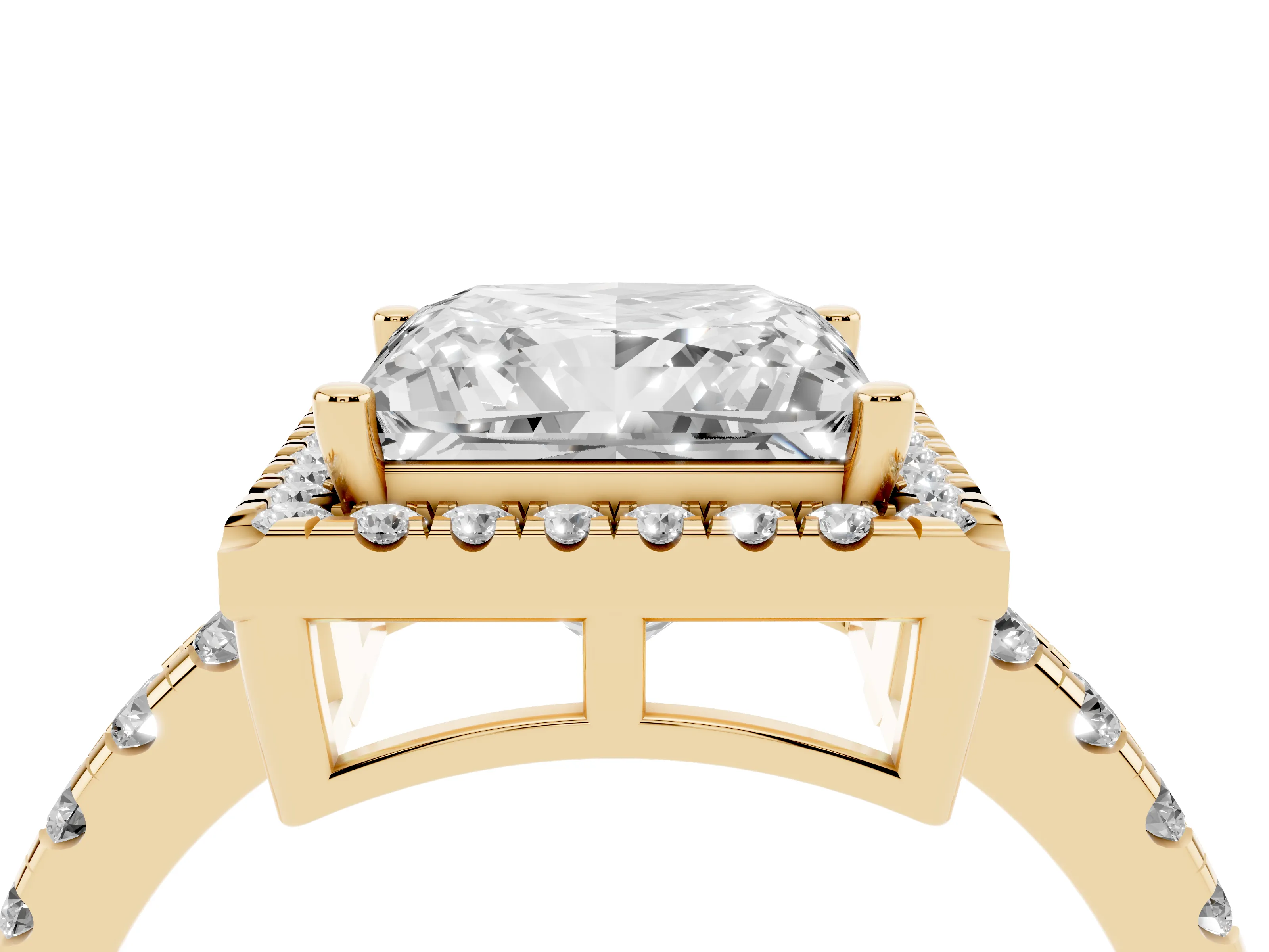 Princess Cut Diamond Halo Ring Set in Yellow gold with Delicate Pavé Band and Prong Setting