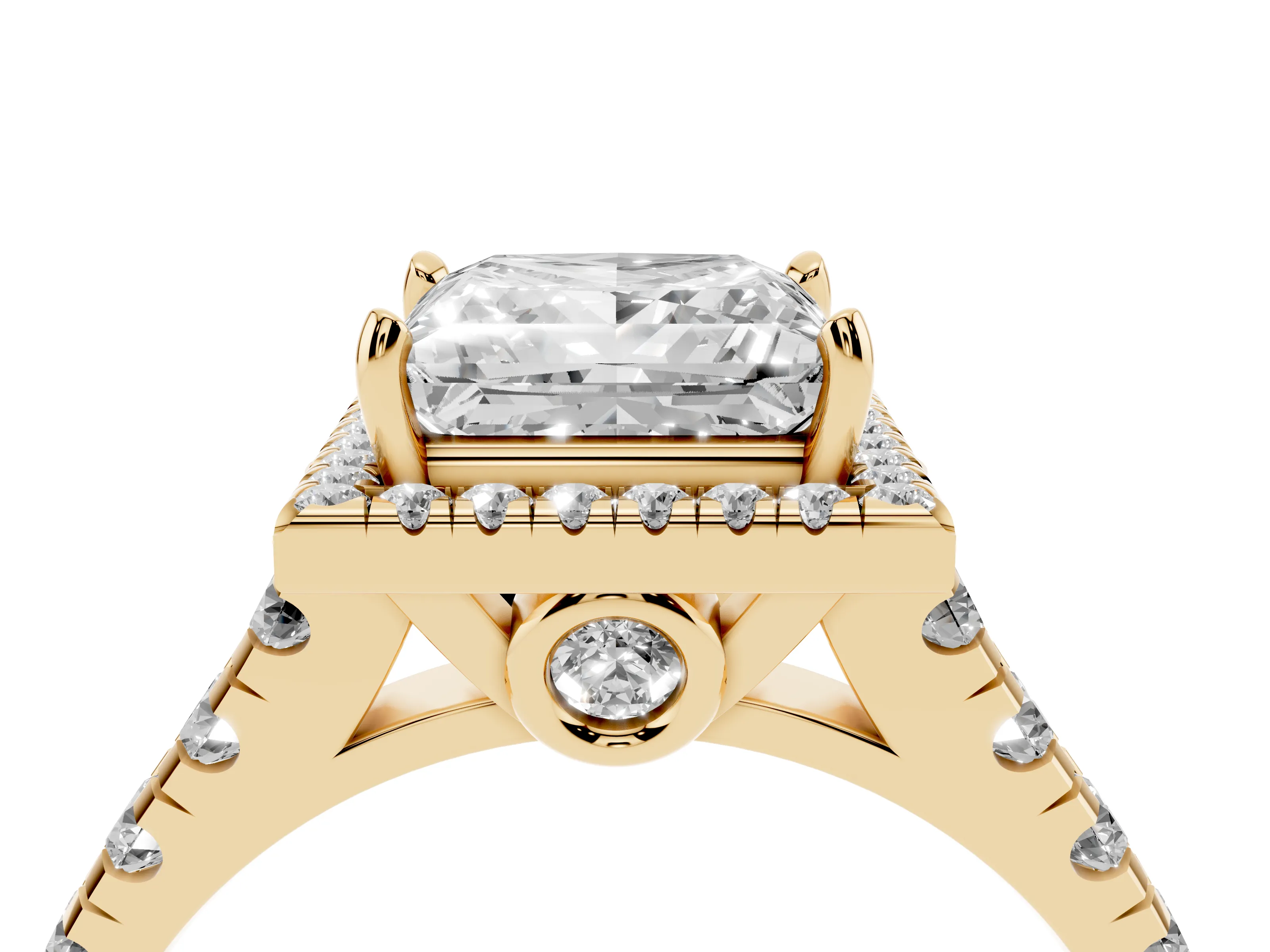 Princess Cut Diamond Halo Engagement Ring Set in Yellow gold with Pavé Band and Prong-Set Center