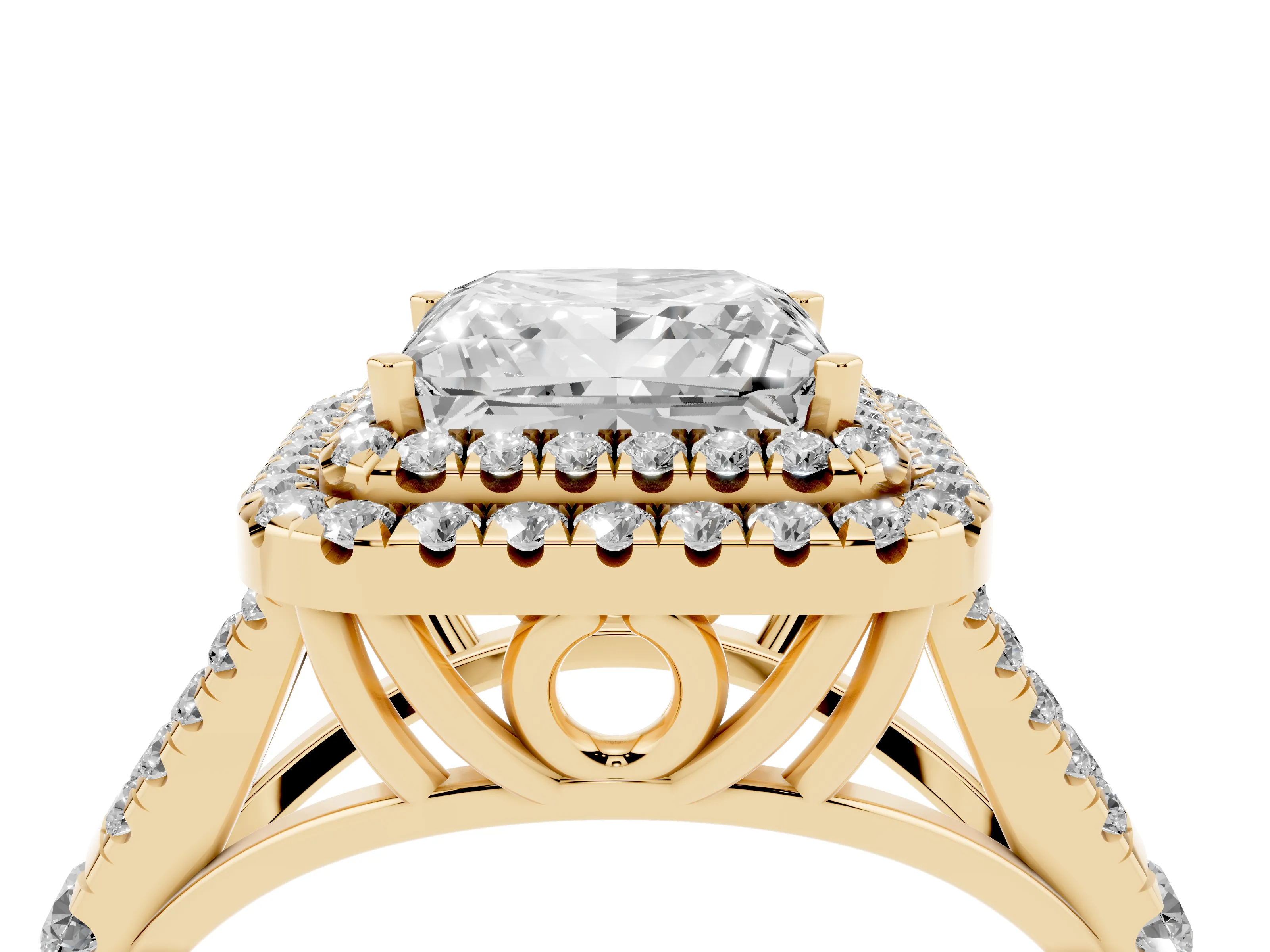Princess Cut Diamond Pavé Split Shank Double Halo Engagement Ring Set in Yellow gold