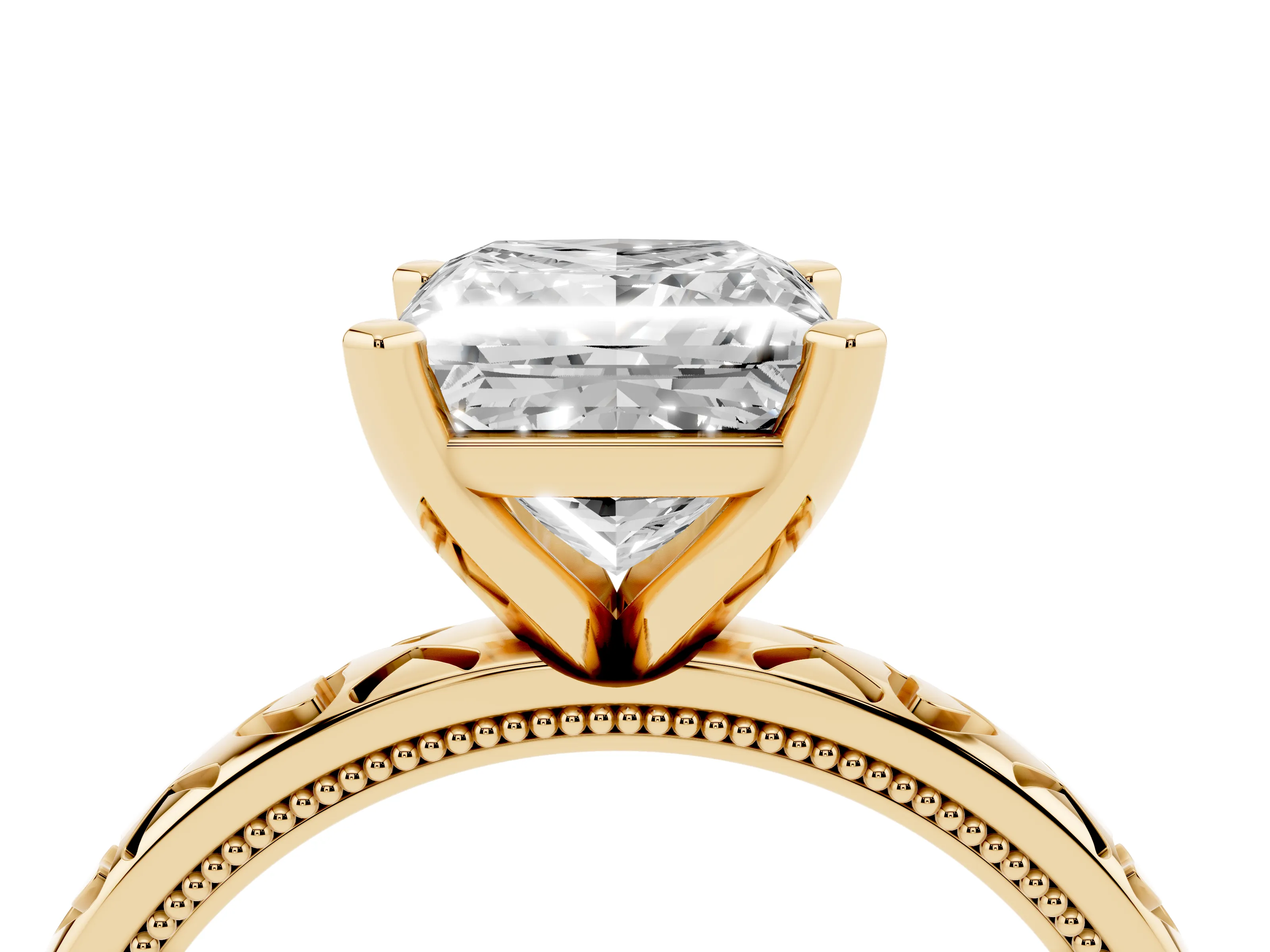 Princess Cut Diamond Solitaire Engagement Ring Set in Yellow gold with XO Engraved Band and Prong Setting