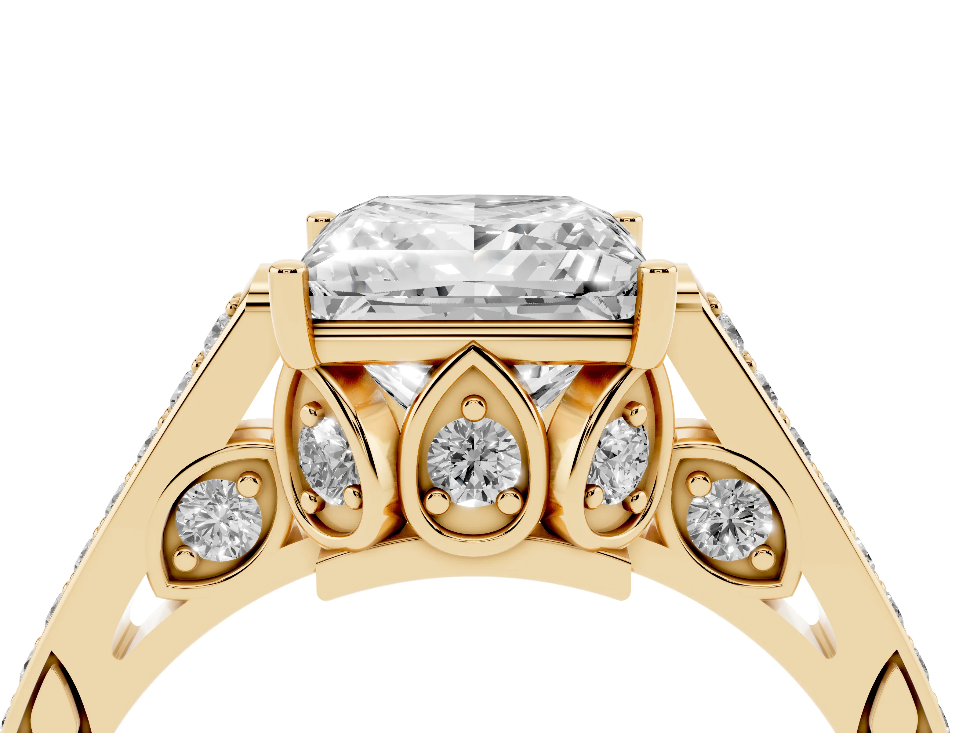Princess Cut Diamond Cathedral Pavé Engagement Ring Set in Yellow gold with Prong Setting