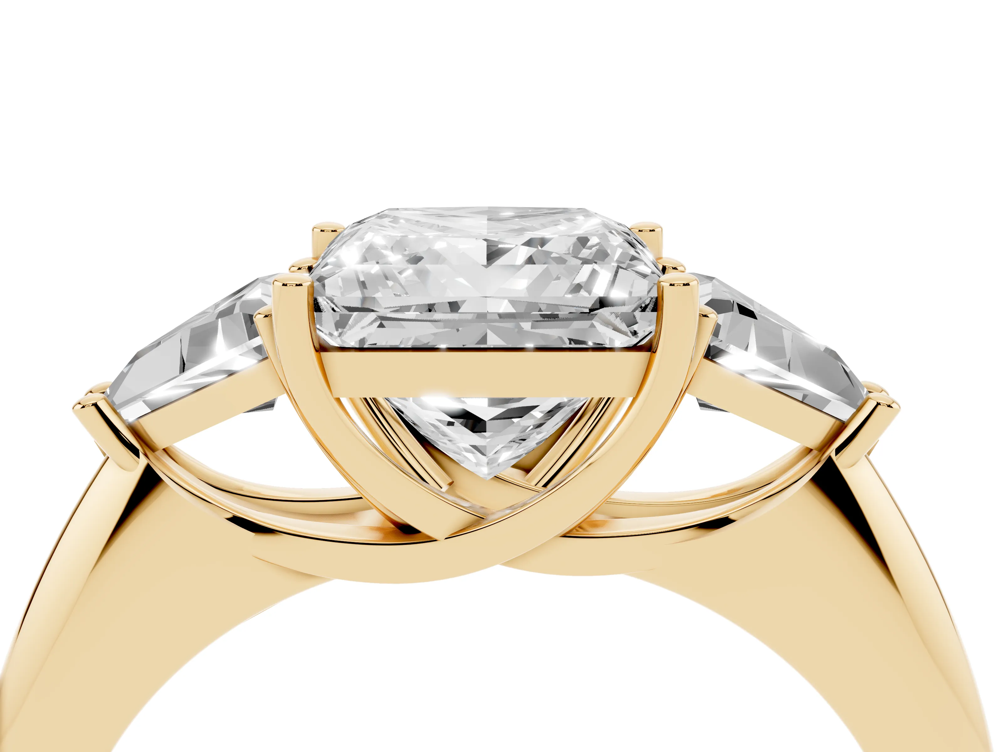 Princess Cut Diamond Three-Stone Engagement Ring Set in Yellow gold with Trillion Side Stones
