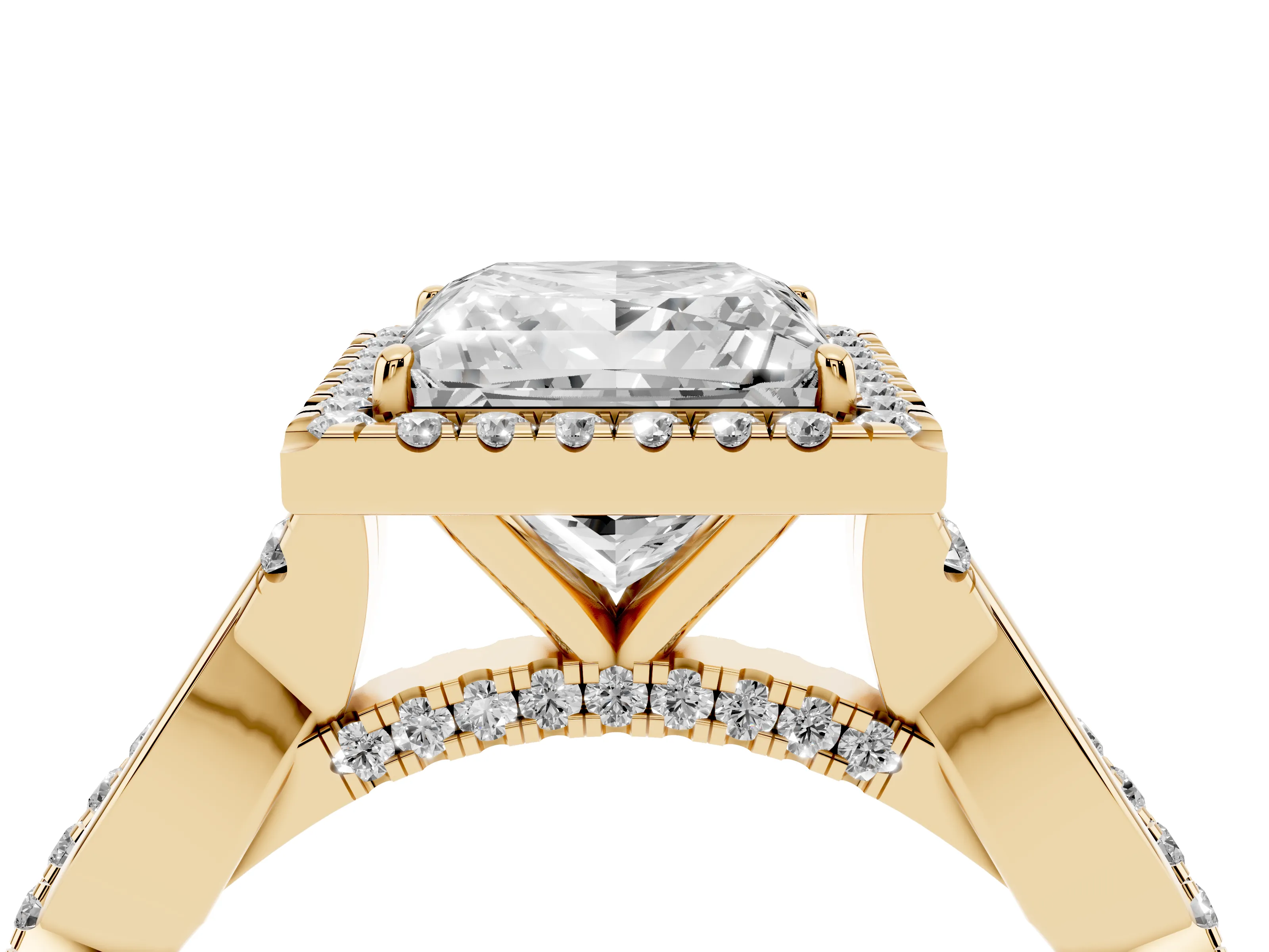 Princess Cut Diamond Halo Twist Band Solitaire Ring Set in Yellow gold with Prong Setting