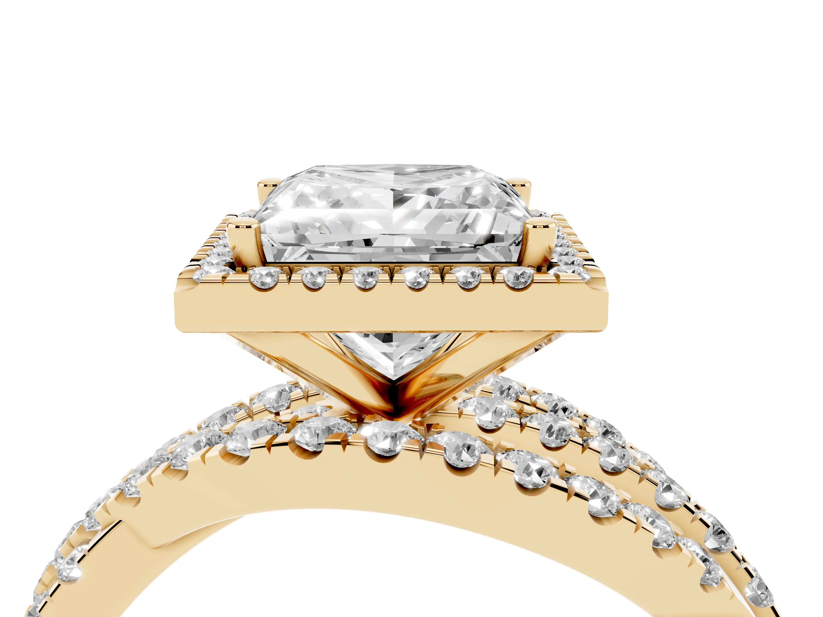 Princess Cut Diamond Halo Ring Set in Yellow gold with Round Crossover Split Shank and Prong Setting