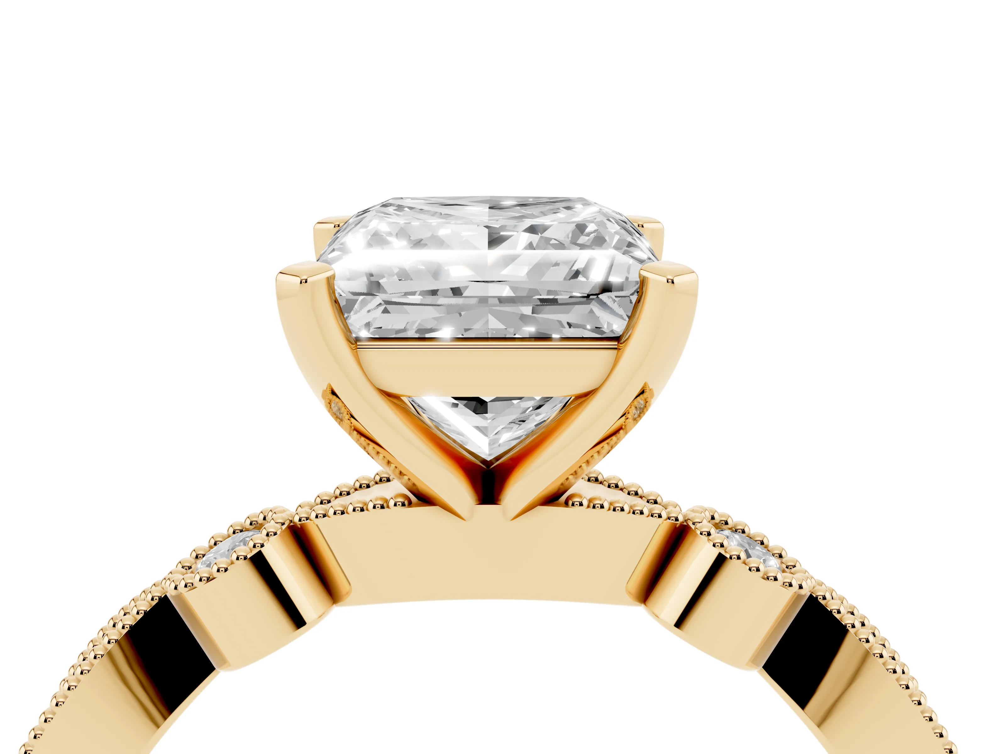 Princess Cut Diamond Solitaire Engagement Ring Set in Yellow gold with Milgrain Bezel Accent Band