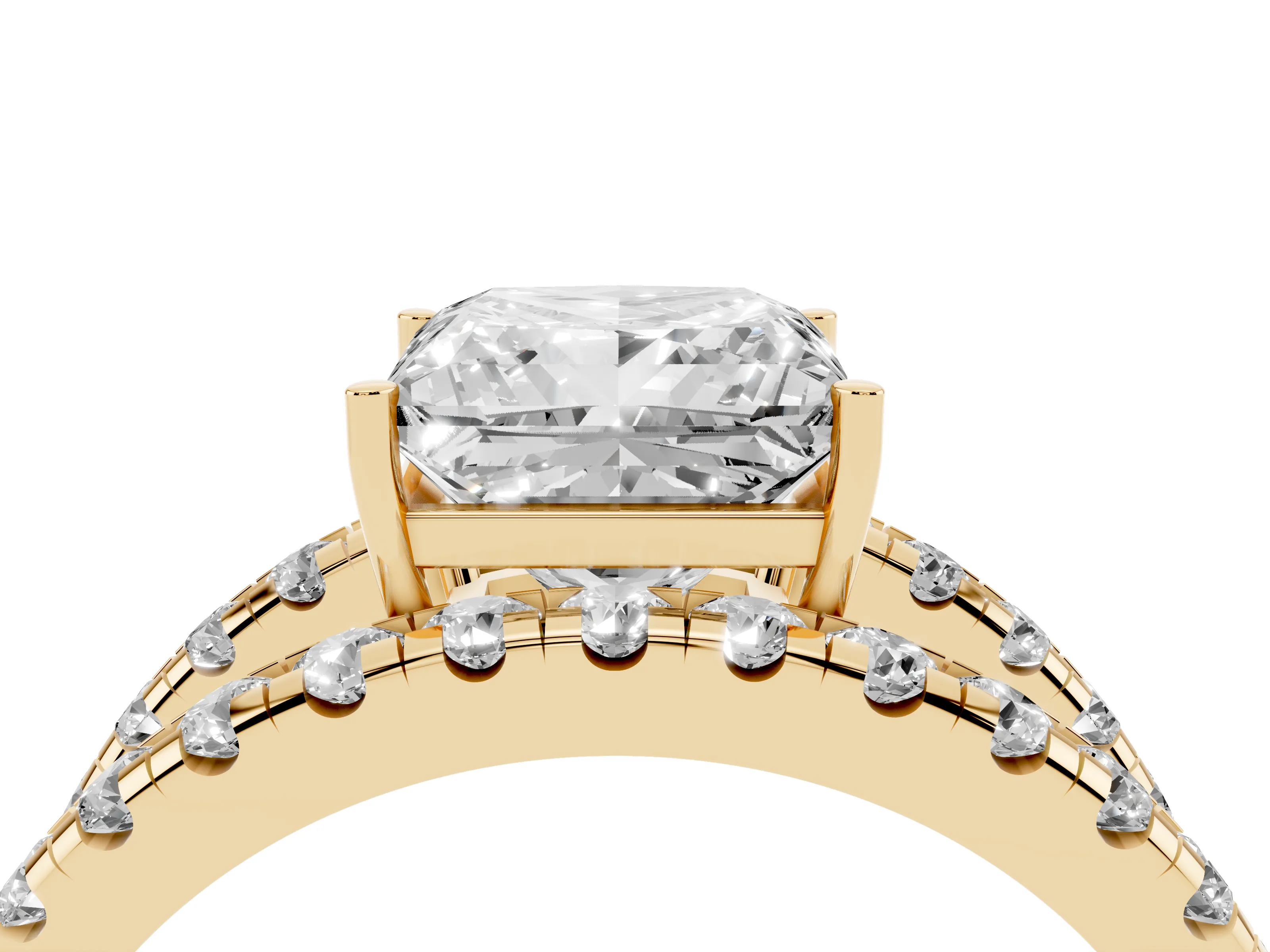 Princess Cut Diamond Split Shank Pavé Solitaire Ring Set in Yellow gold with Open Shank Design
