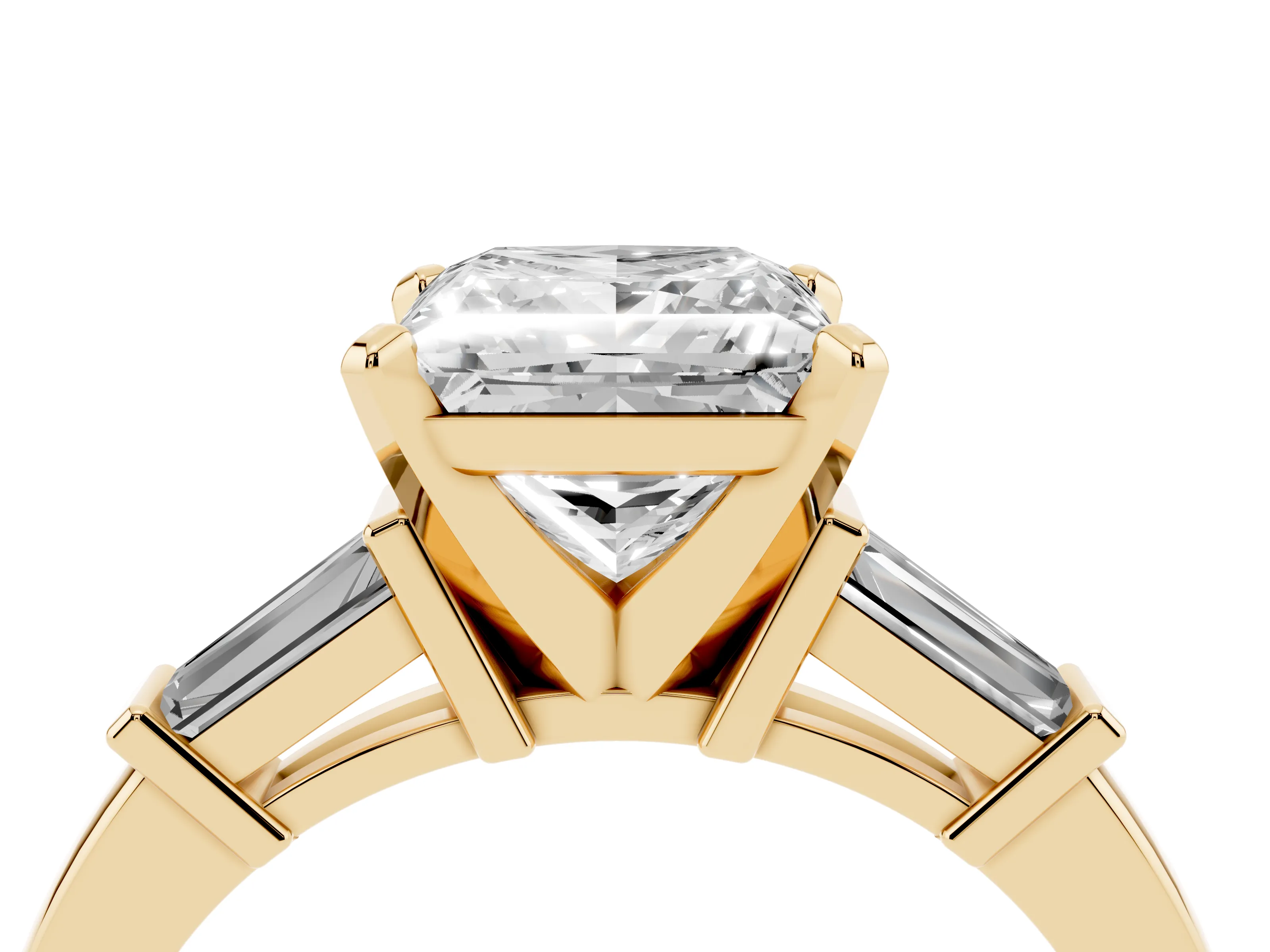 Princess Cut Diamond Solitaire Ring Set in Yellow gold with Tapered Baguette Accents and Prong Setting