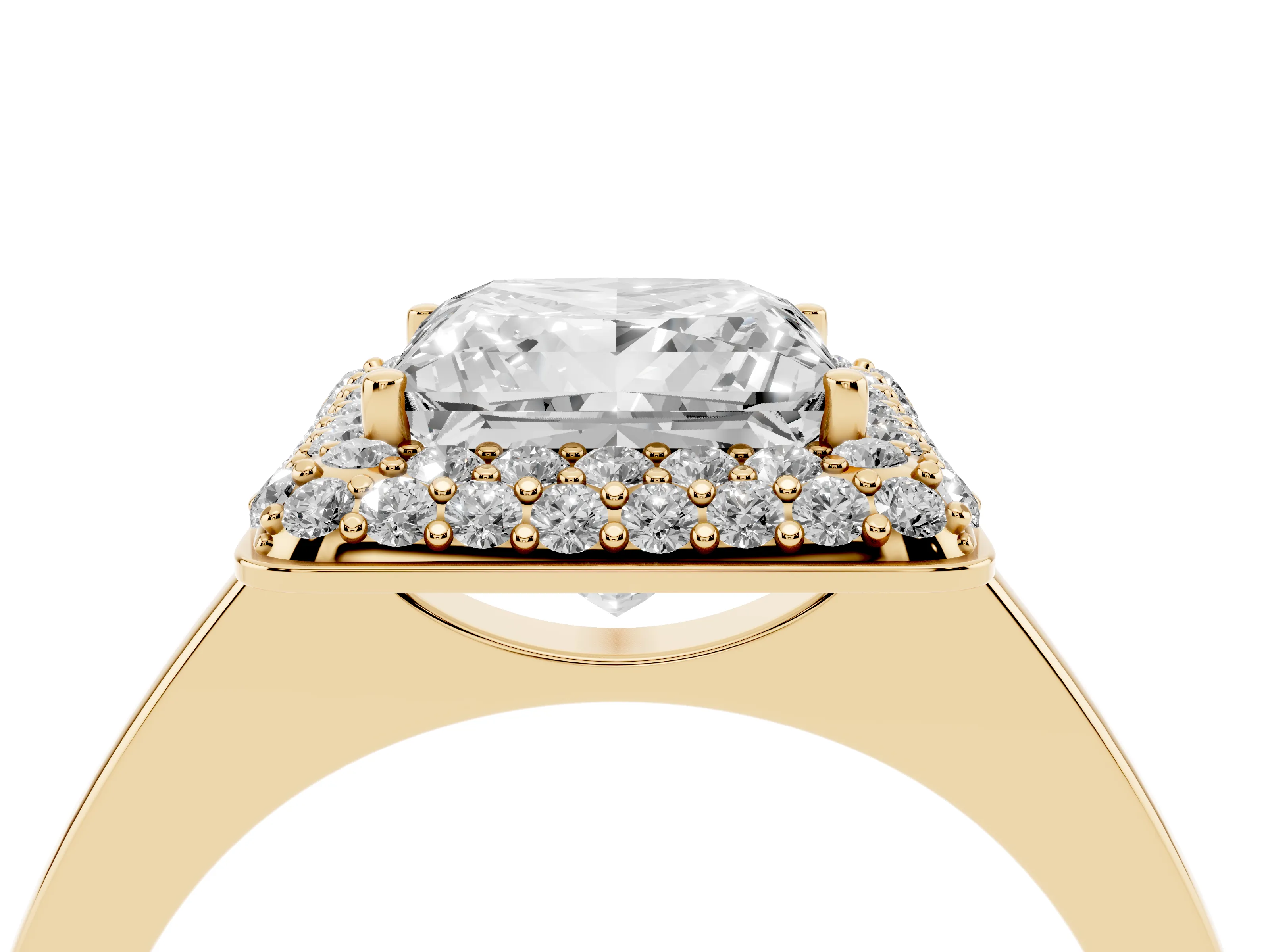Princess Cut Diamond Halo Engagement Ring Set in Yellow gold with Solitaire Band and Prong Setting