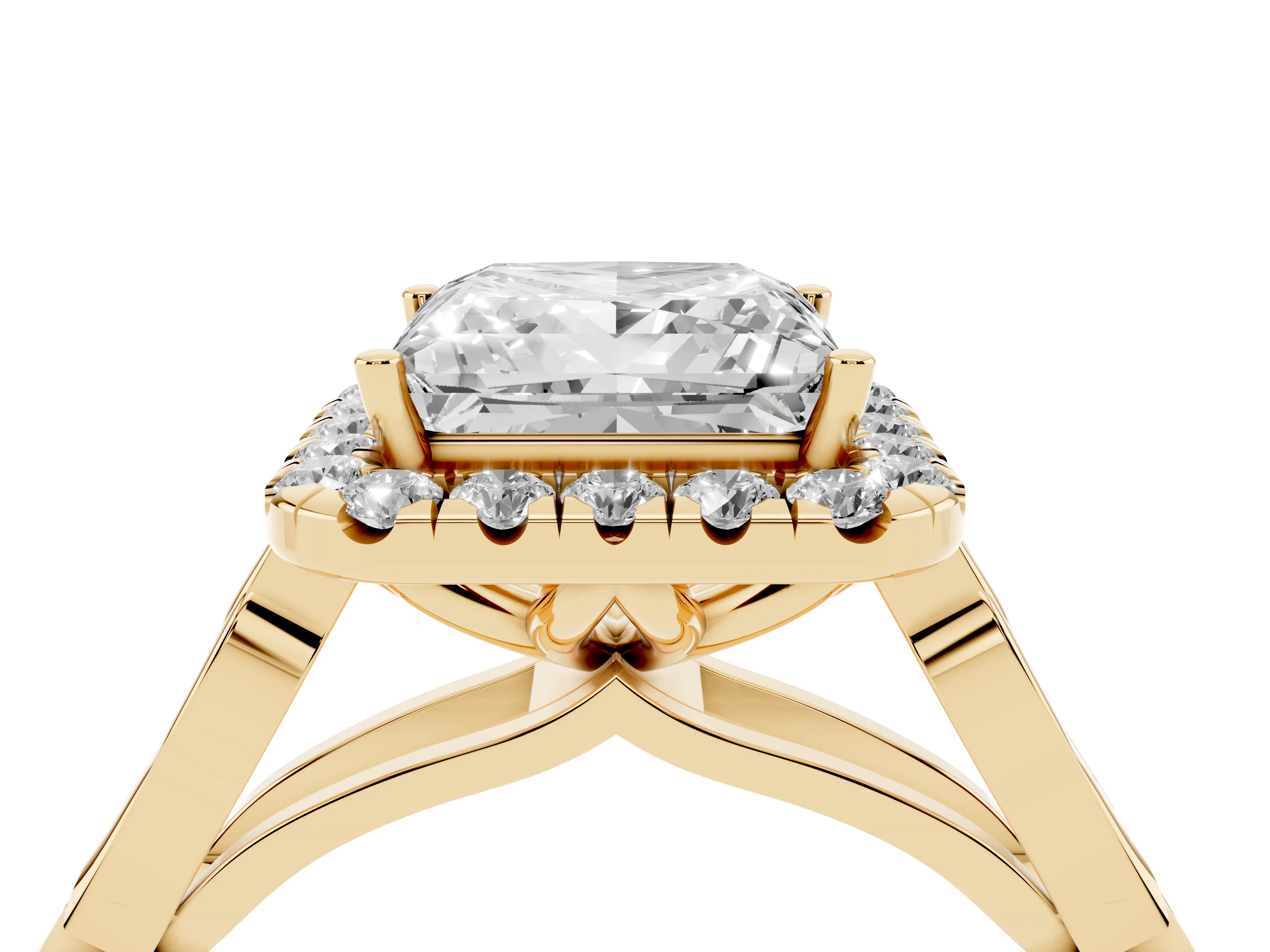 Princess Cut Diamond Halo Engagement Ring Set in Yellow gold with Filigree Band and Prong-Set Center
