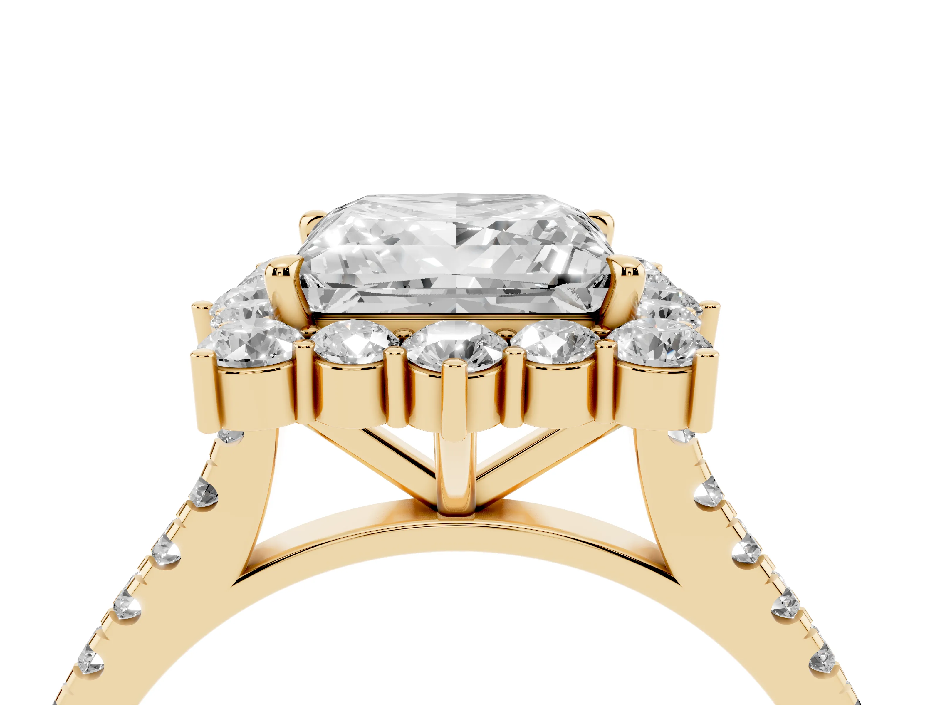 Princess Cut Diamond Halo Ring Set in Yellow gold with Pavé Band and Prong Setting
