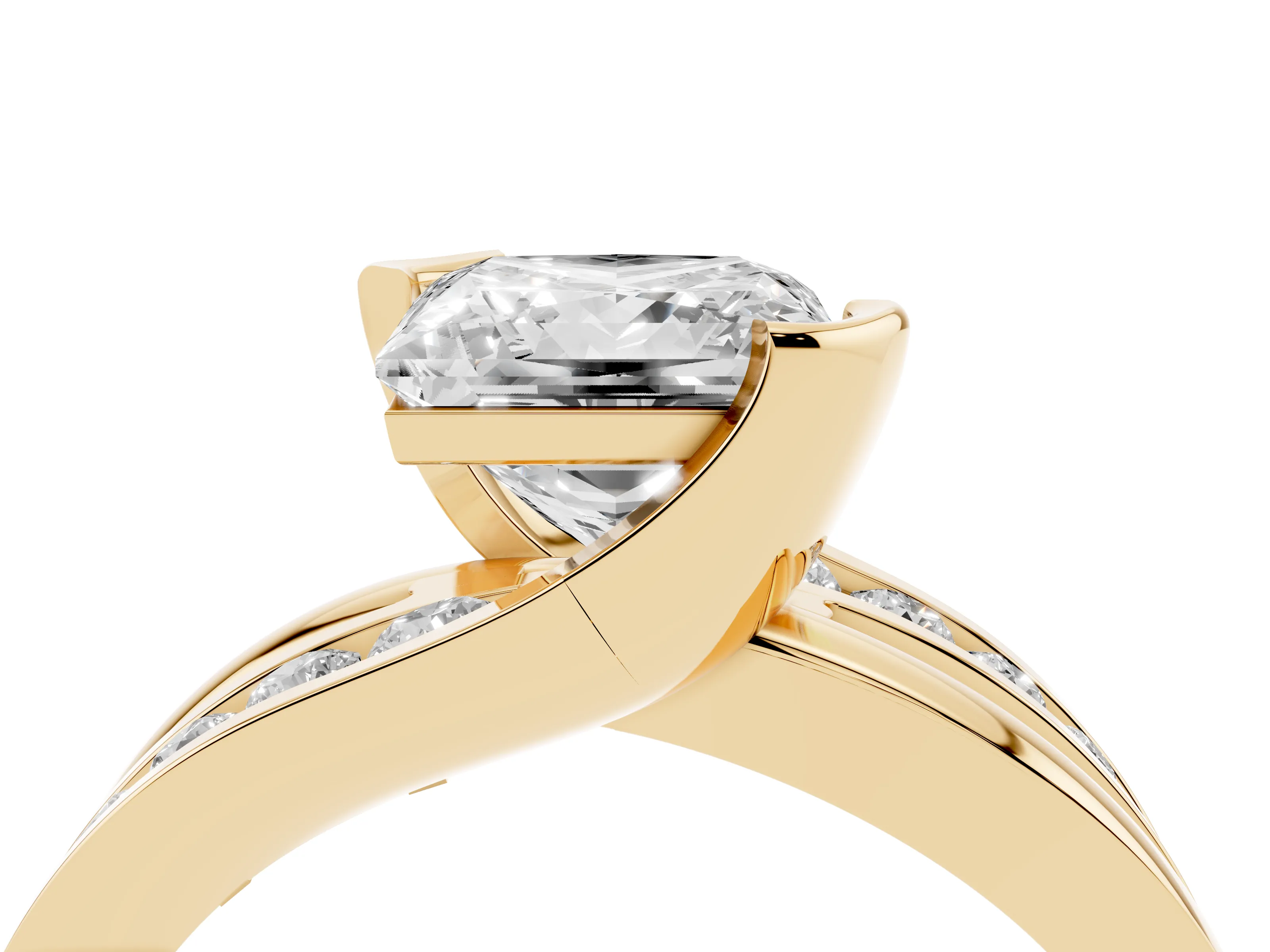 Princess Cut Diamond Solitaire Ring Set in Yellow gold with Channel Set Split Shank and Tension Prongs
