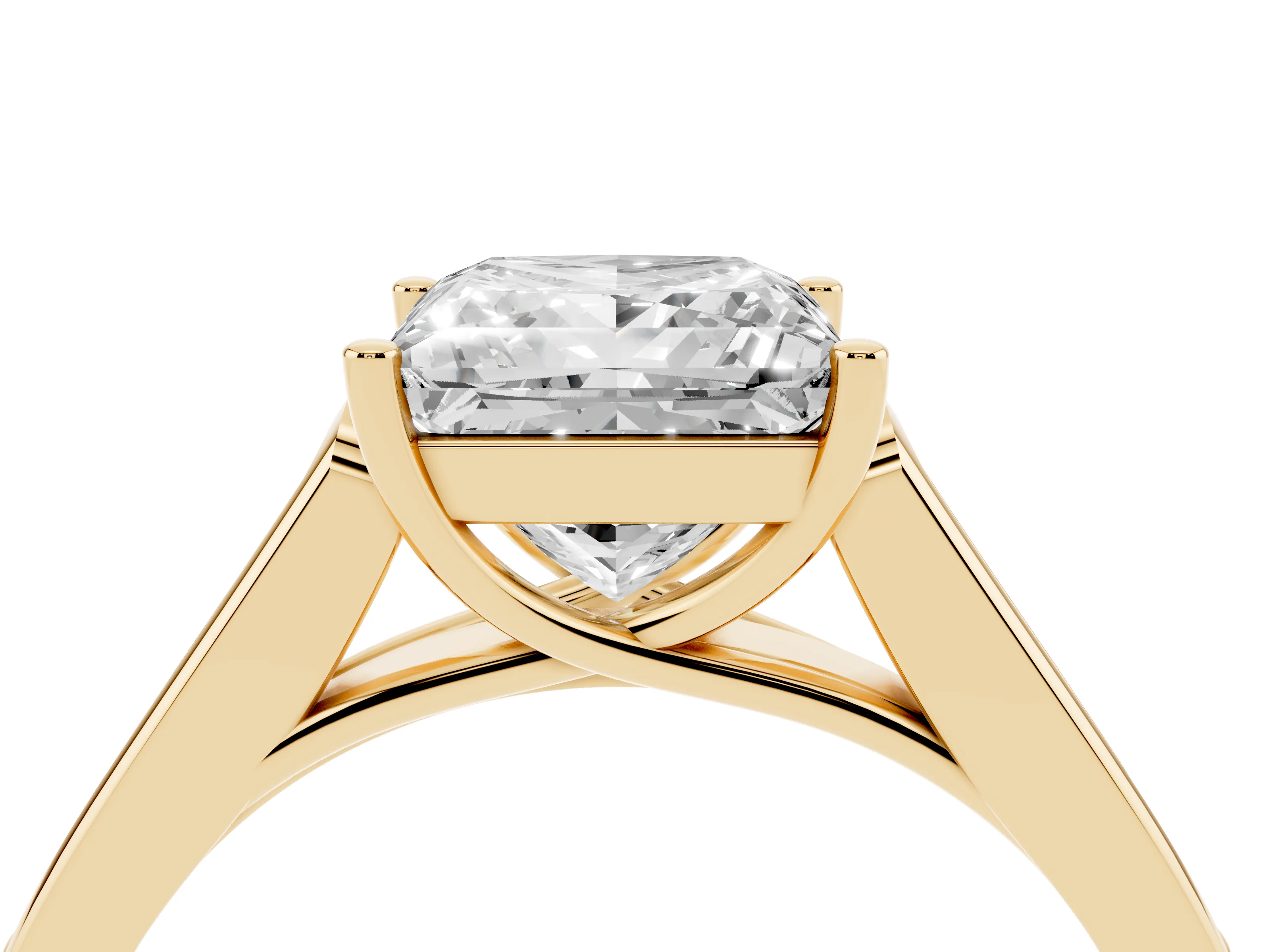 Princess Cut Diamond Solitaire Cathedral Engagement Ring Set in Yellow gold with Channel-Set Band and Prong Setting