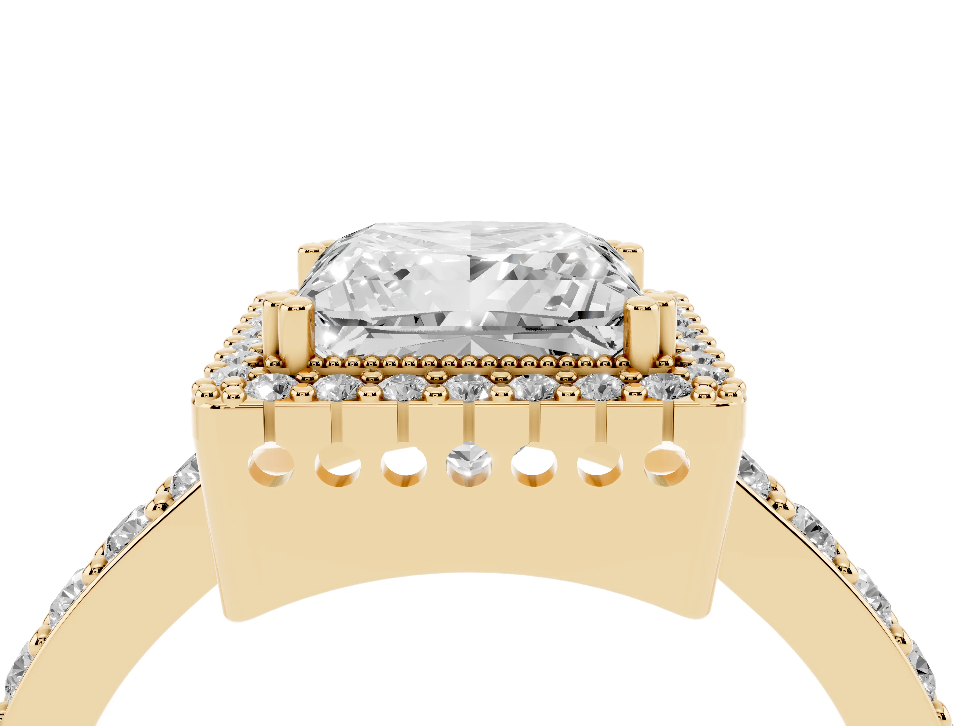 Princess Cut Diamond Halo Engagement Ring Set in Yellow gold with Milgrain Detail and Pavé Band