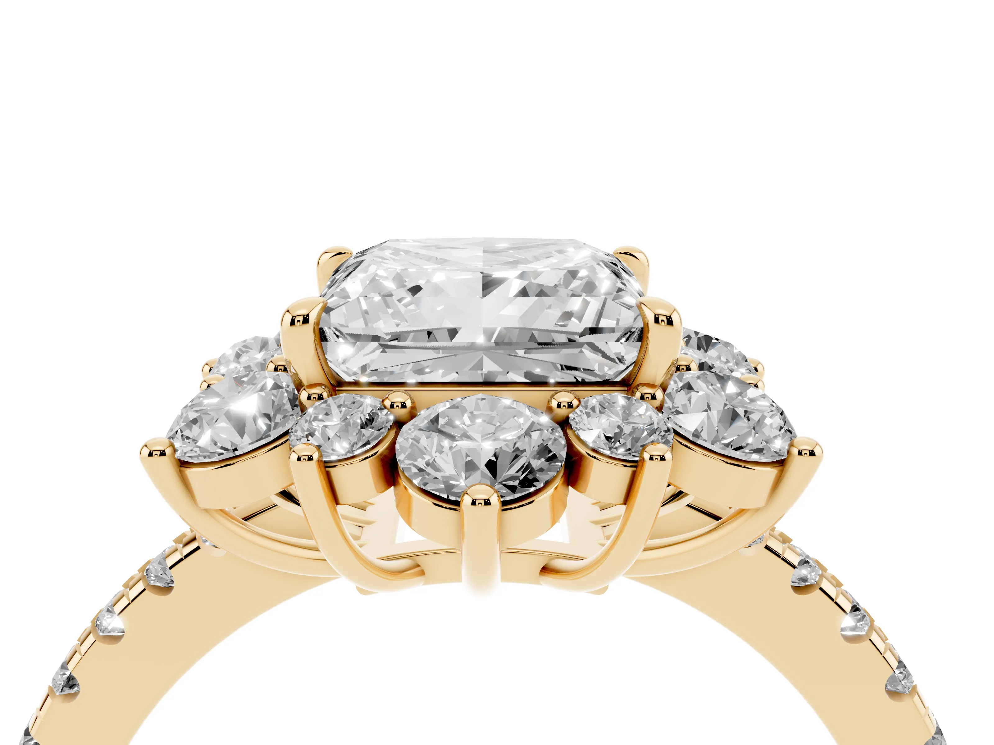 Princess Cut Diamond Floral Halo Ring Set in Yellow gold with Round Pavé Band and Prong Setting