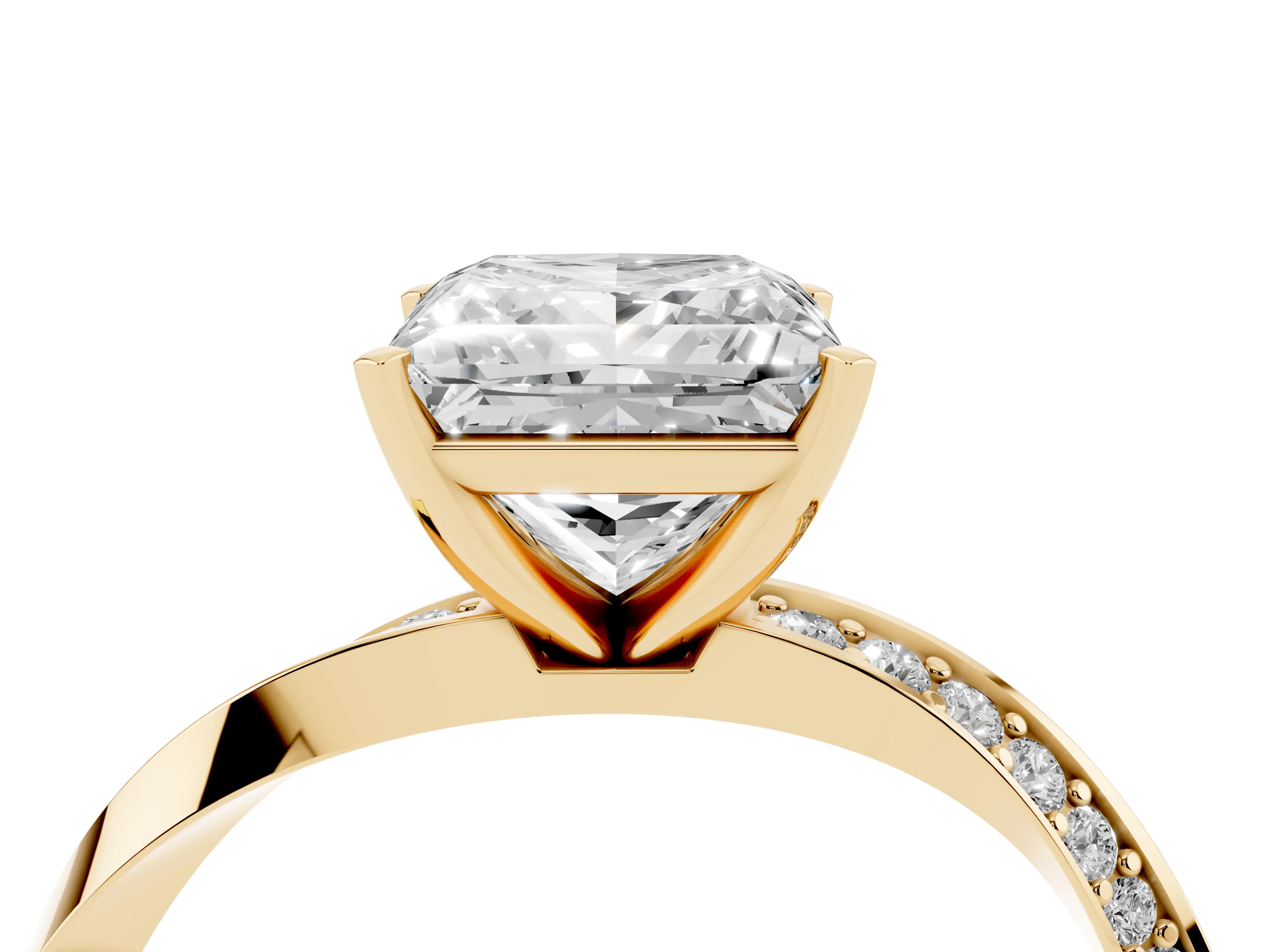 Princess Cut Diamond Engagement Ring Set in Yellow gold with Side Stone Accents and Prong Setting