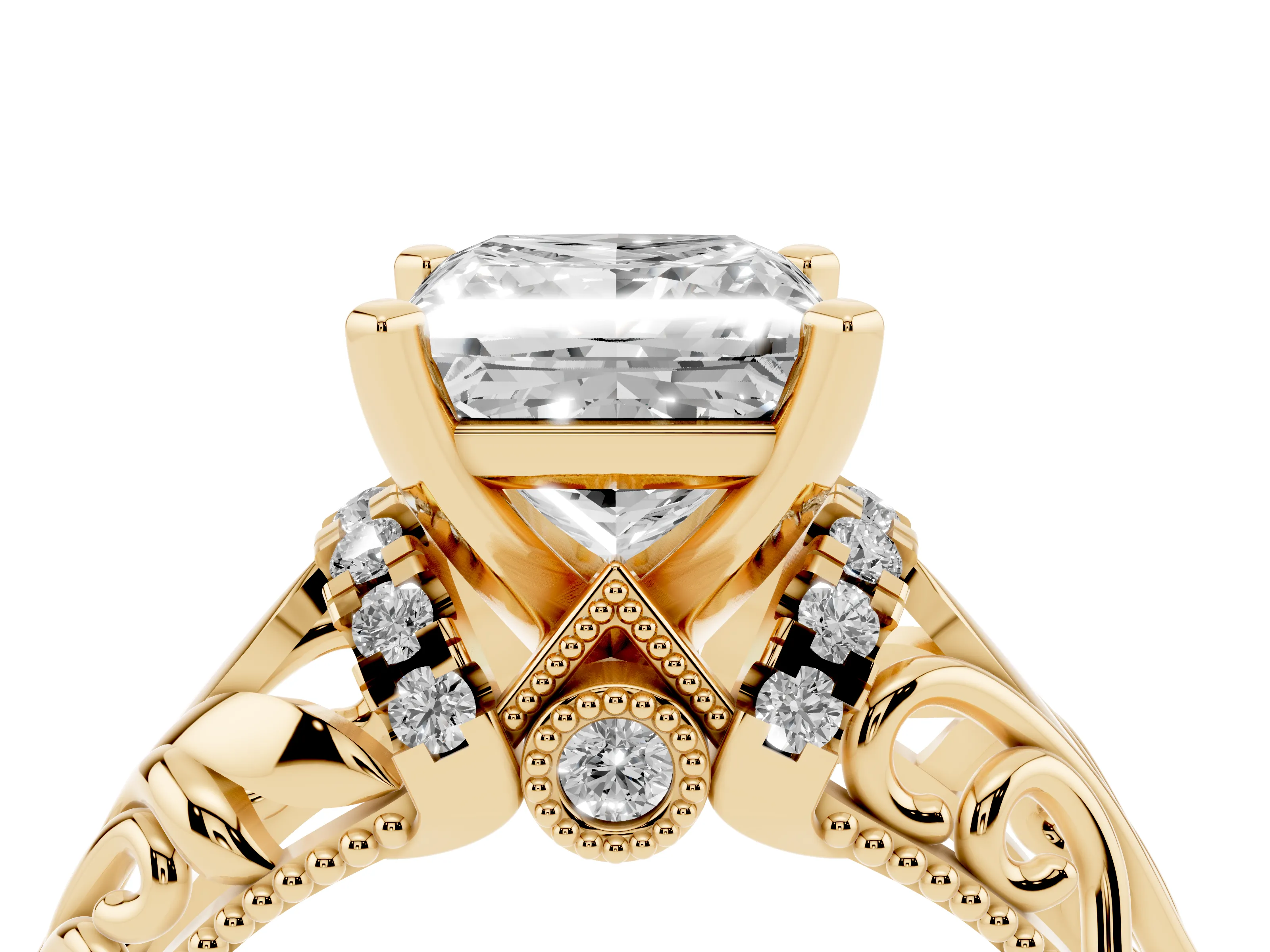 Princess Cut Diamond Filigree Halo Engagement Ring Set in Yellow gold with Prong Setting