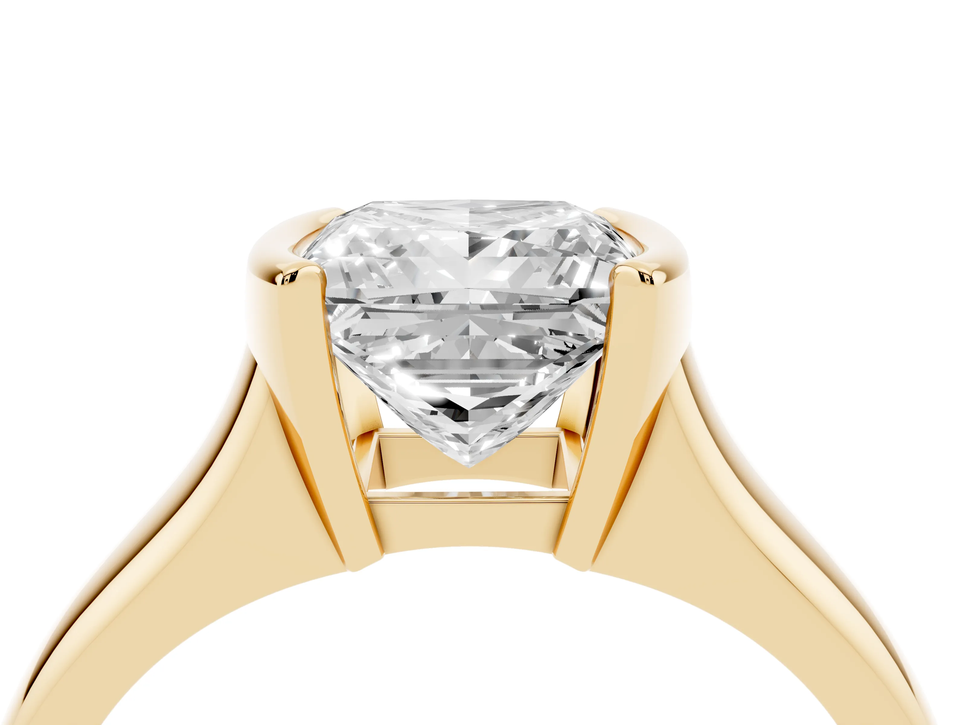 Princess Cut Diamond Solitaire Tension Set Ring Set in Yellow gold with Split Shank Band
