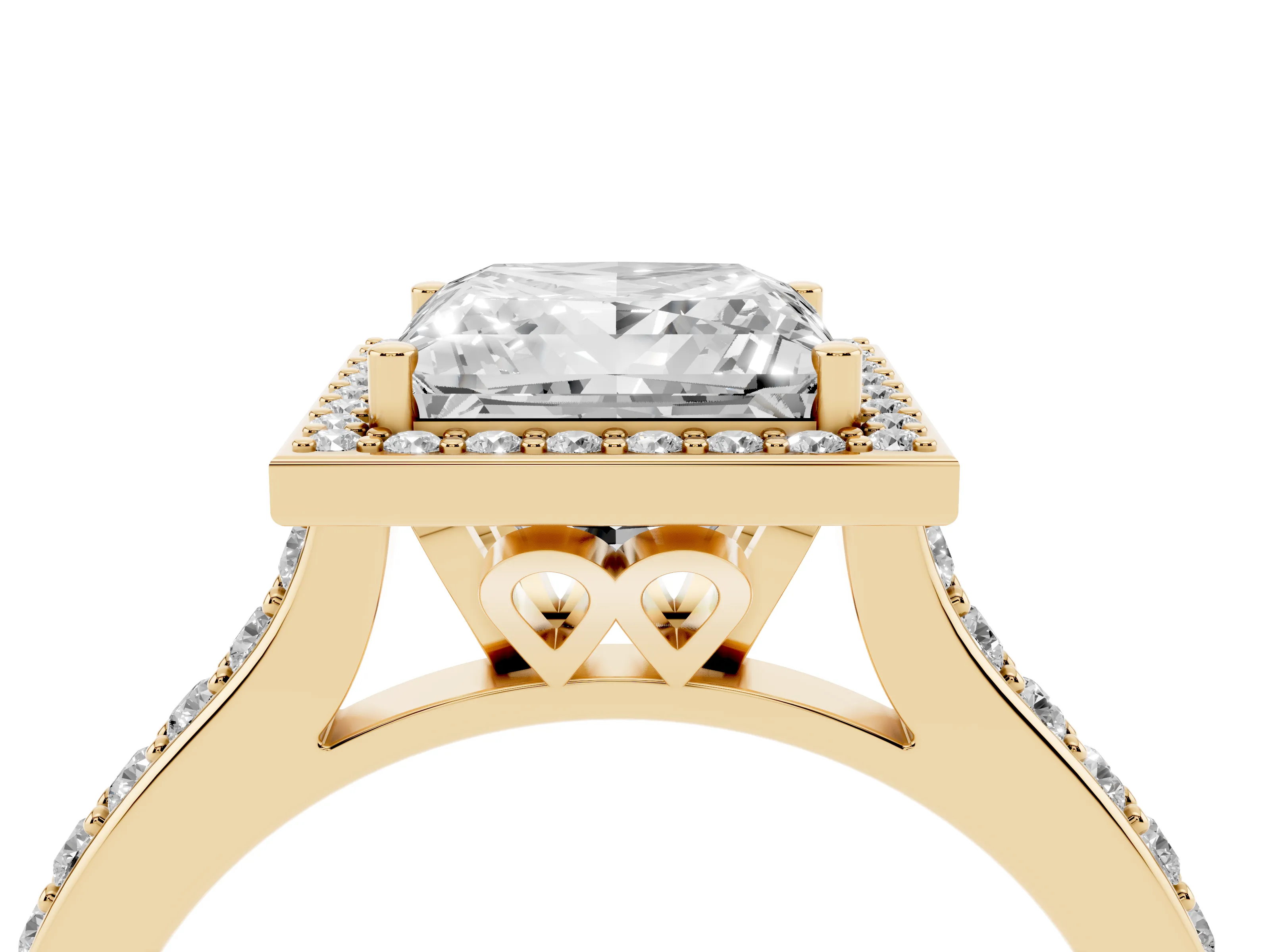 Princess Cut Diamond Halo Engagement Ring Set in Yellow gold with Round Pavé Shoulders and Heart Gallery
