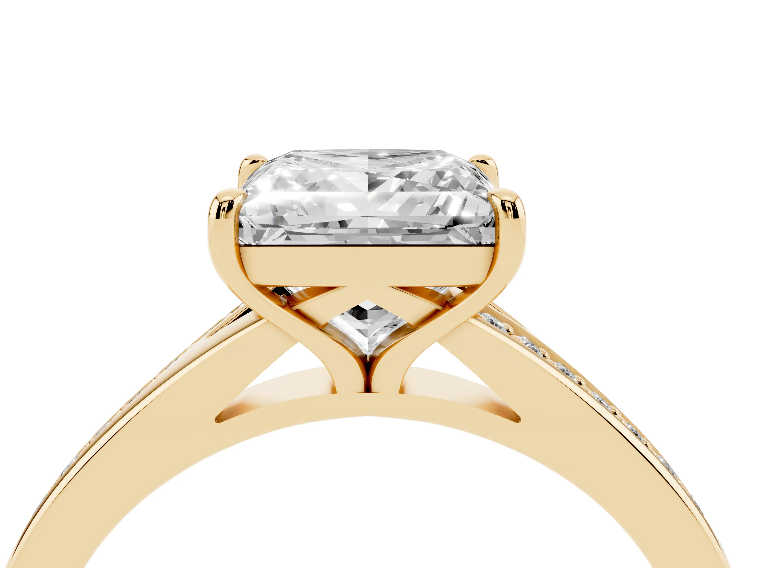 Princess Cut Diamond Solitaire Ring Set in Yellow gold with Pavé Accent Band and Classic Prong Setting