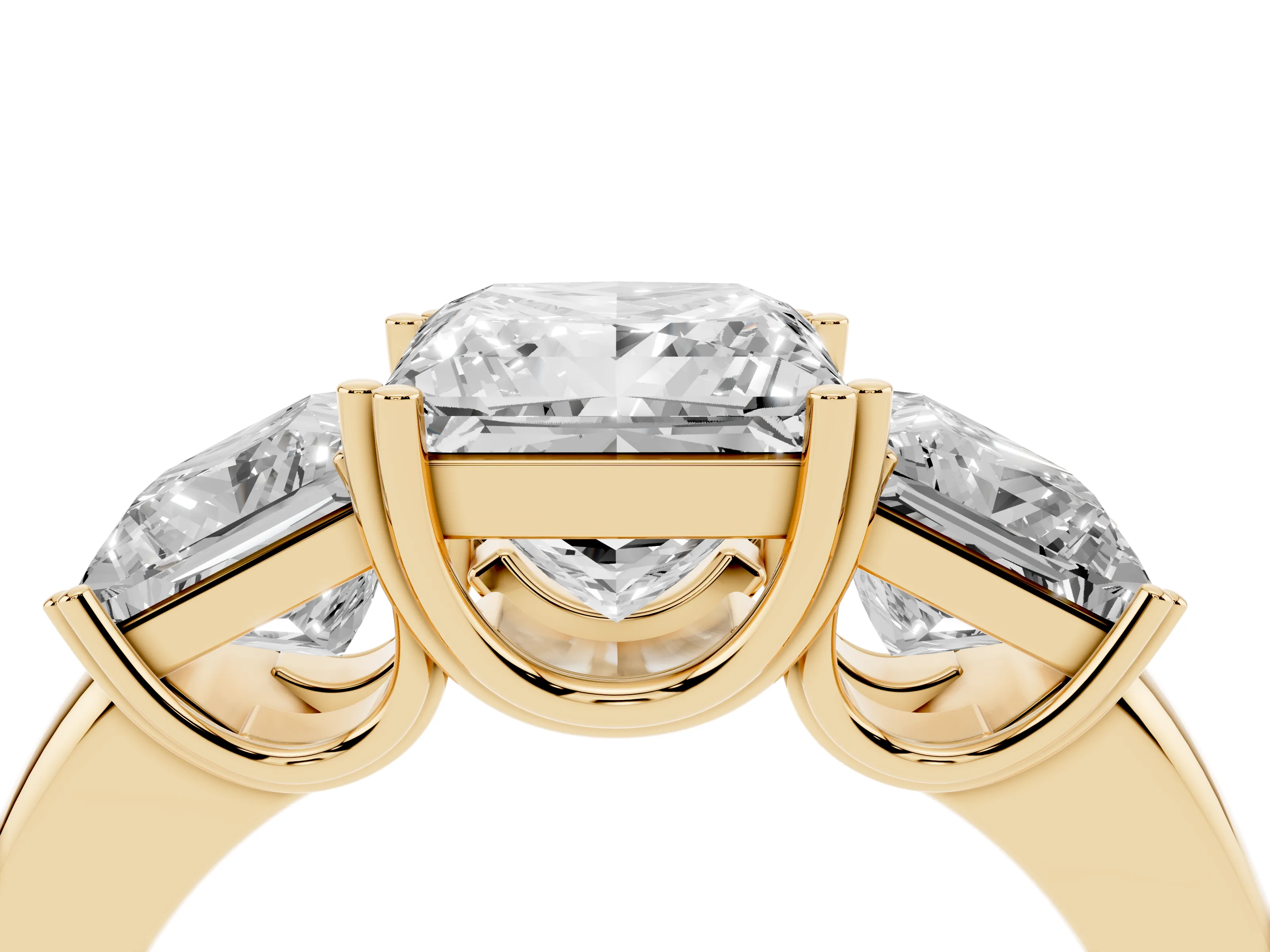 Princess Cut Diamond Three-Stone Ring Set in Yellow gold with Polished Channel-Set Band