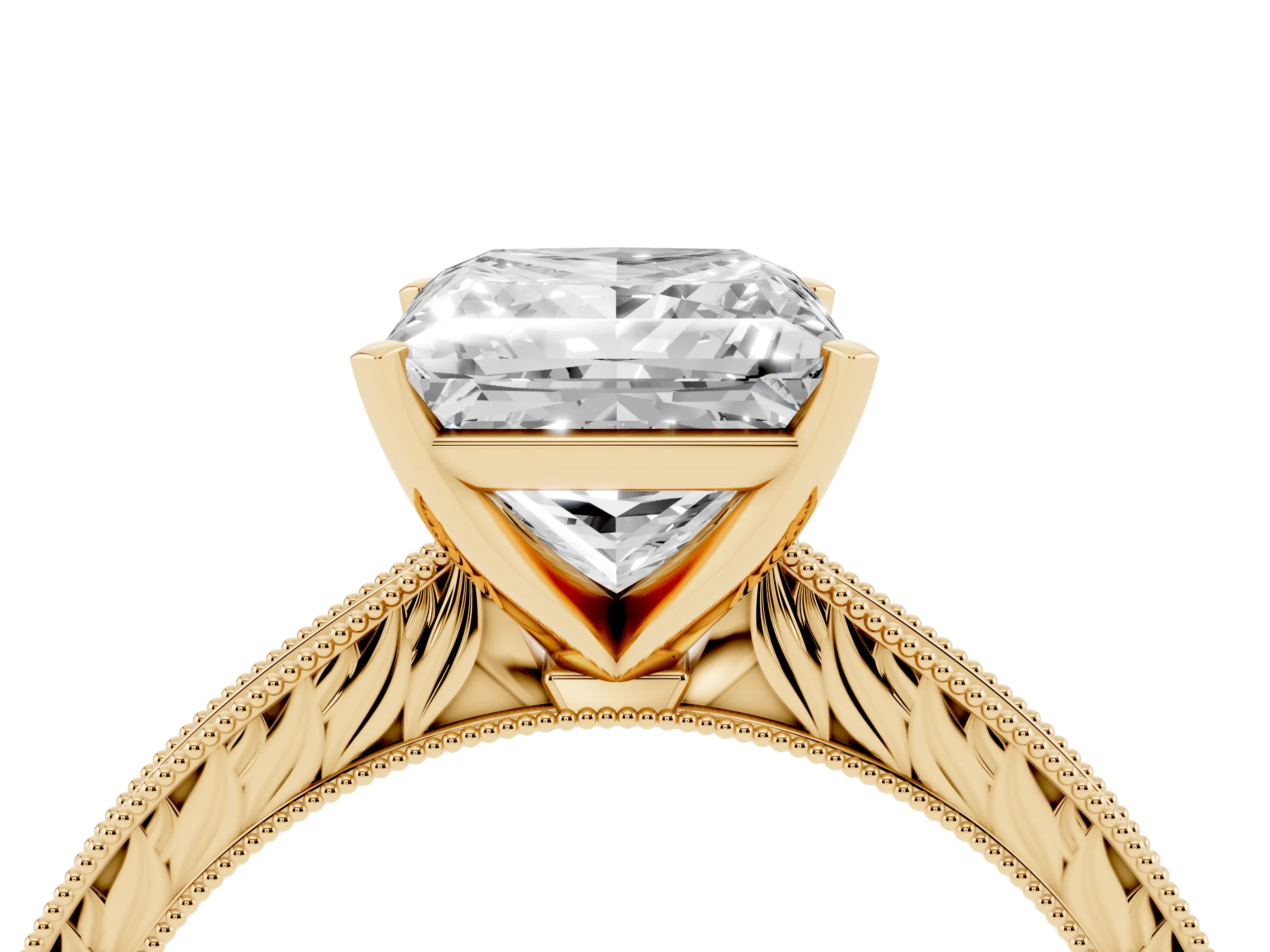 Princess Cut Diamond Solitaire Milgrain Engraved Band Set in Yellow gold with Prong Setting