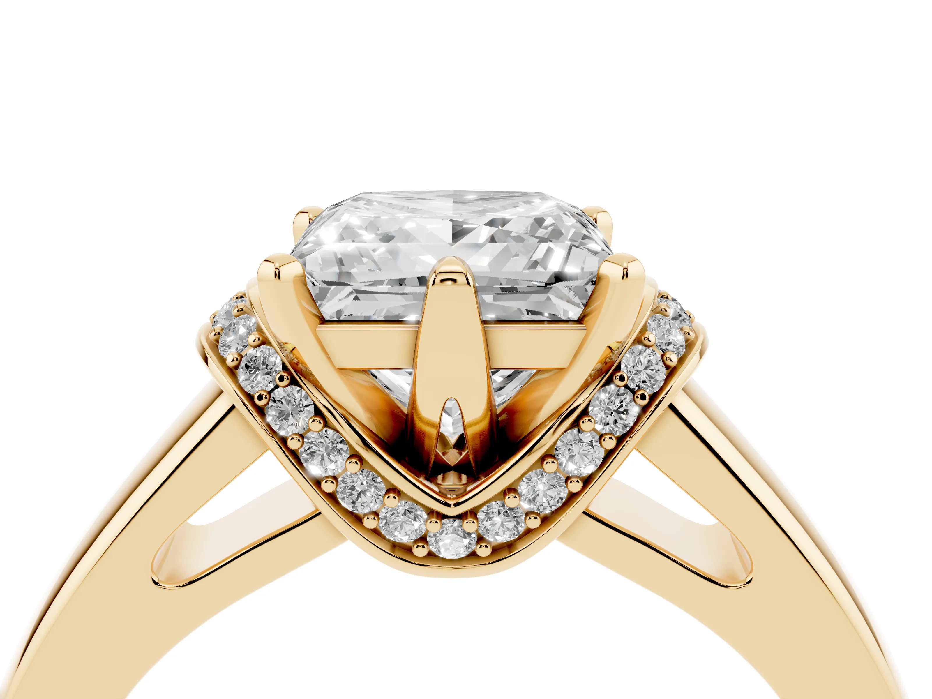 Princess Cut Diamond Pavé Band Solitaire Ring Set in Yellow gold with Prong Setting