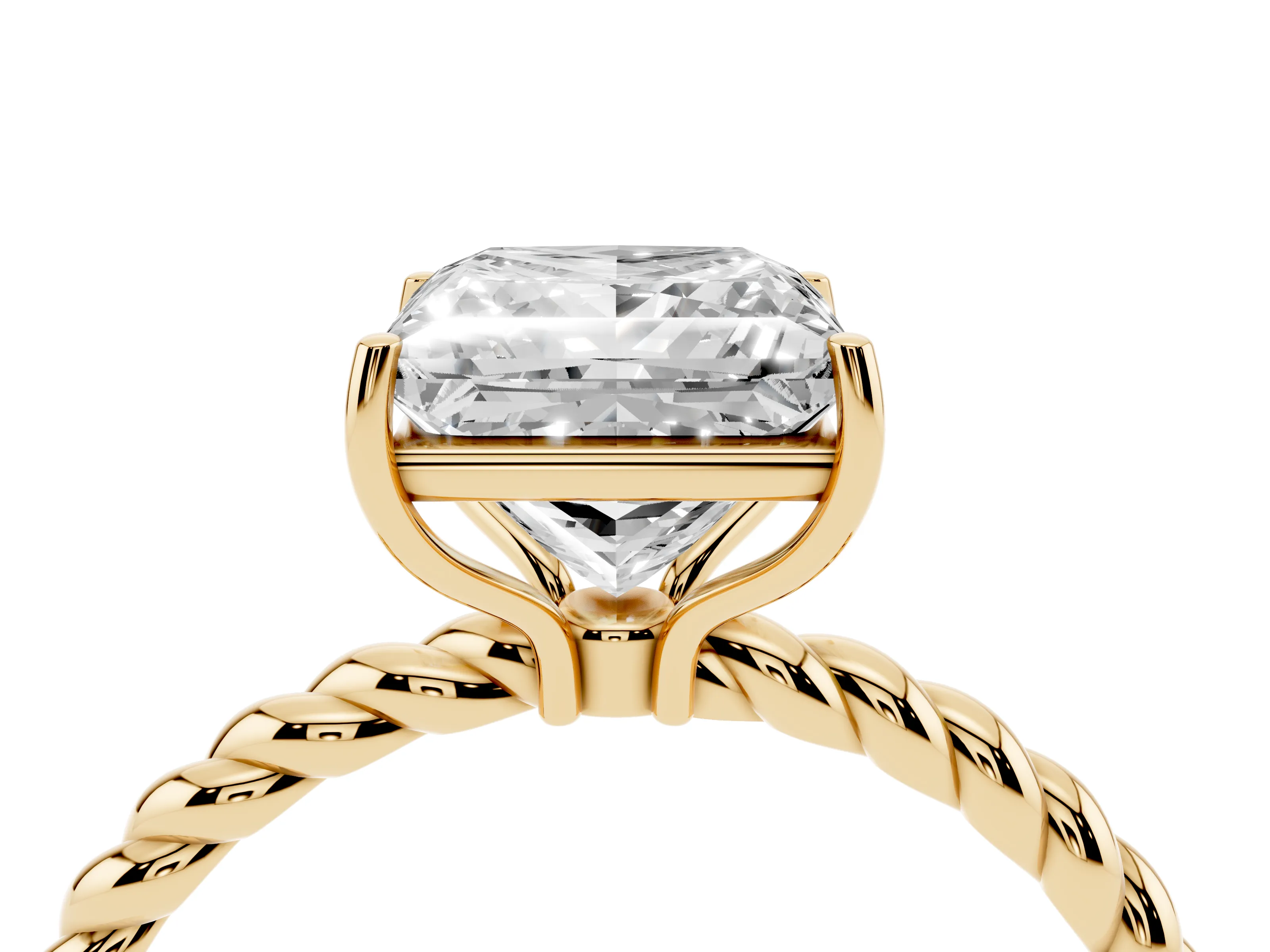 Princess Cut Diamond Solitaire Ring Set in Yellow gold with Twist Band and Prong Setting