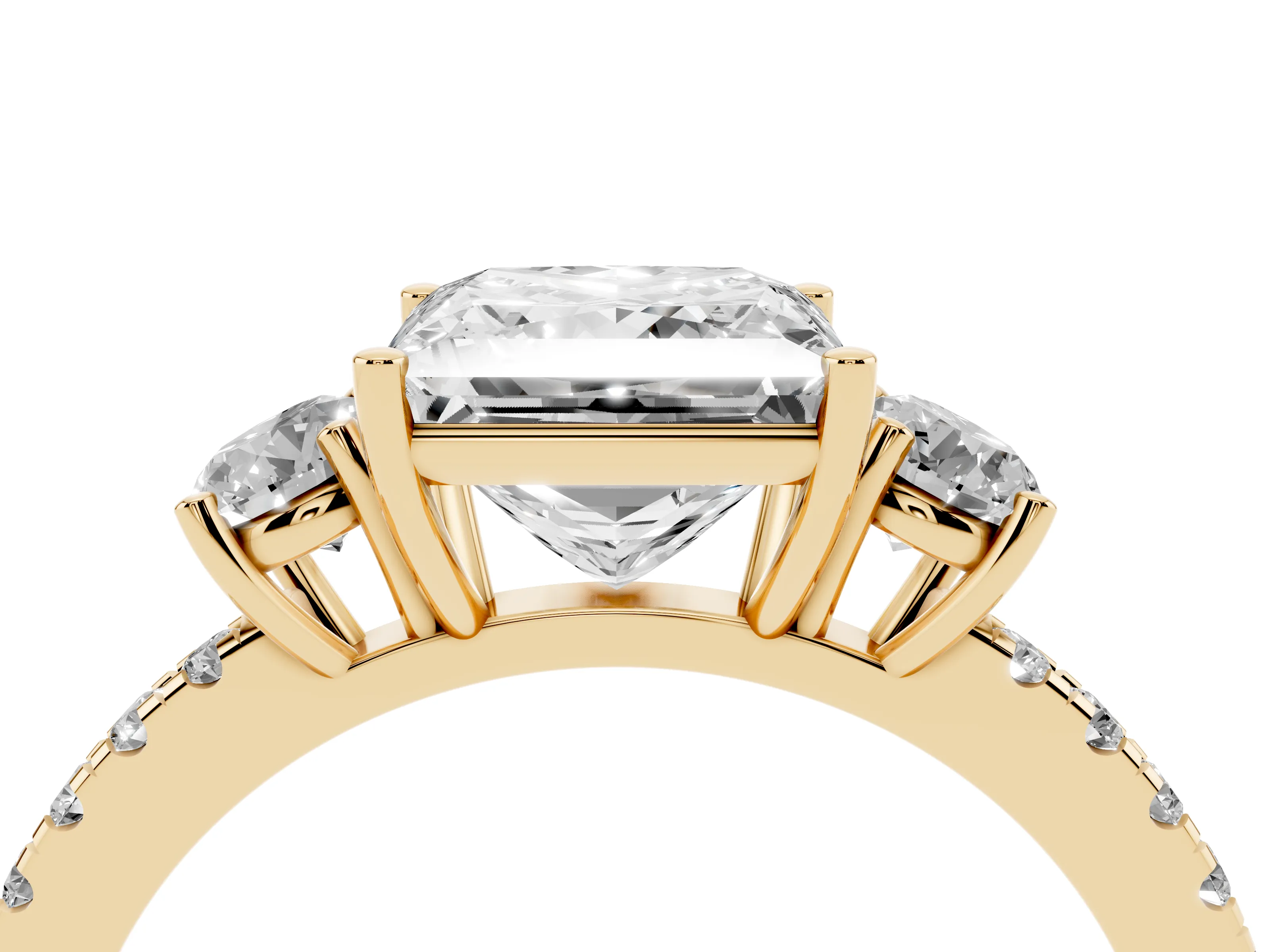 Princess Cut Diamond Three-Stone Ring Set in Yellow gold with Pavé Band and Graduated Sides