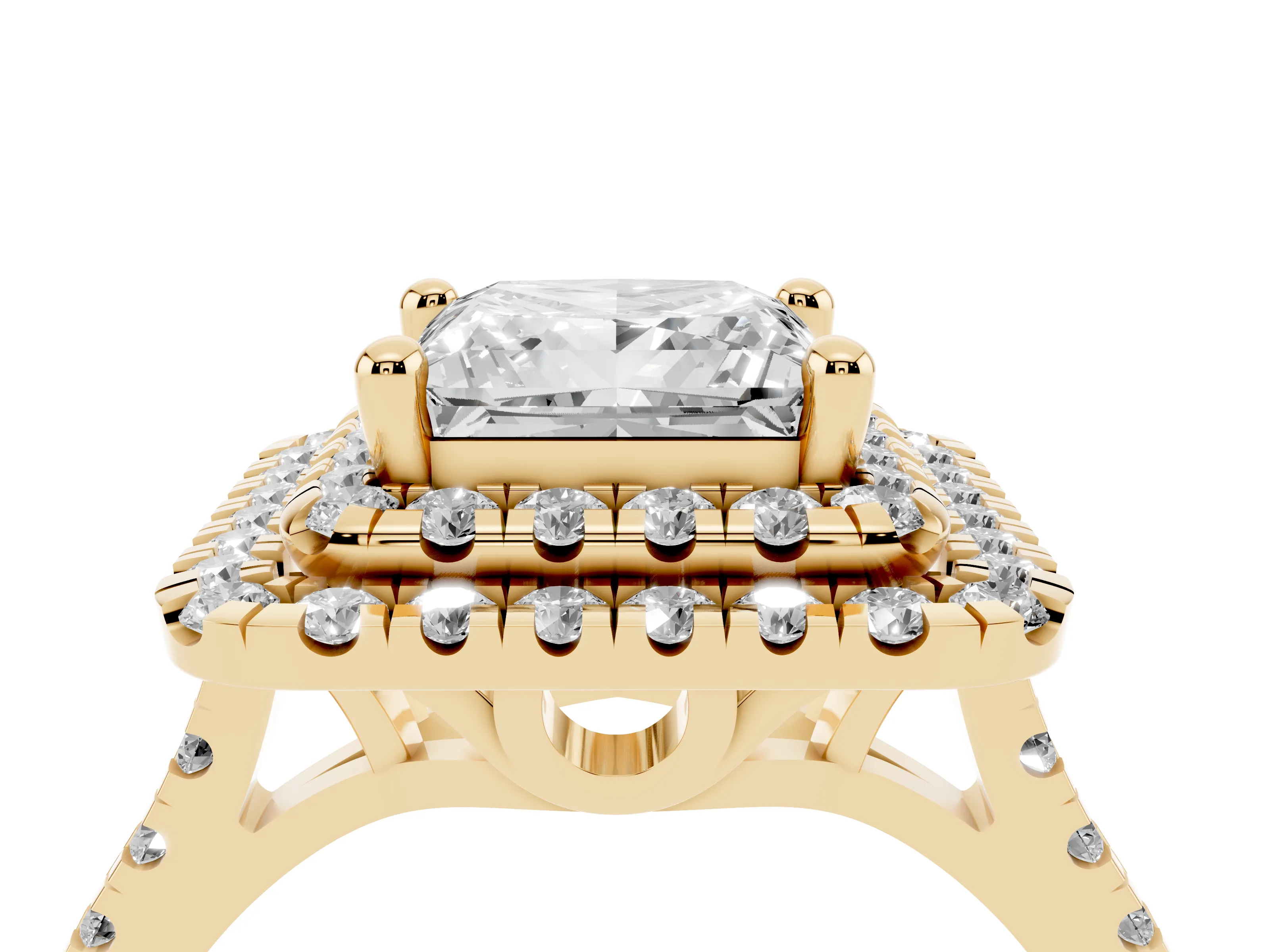 Princess Cut Diamond Double Halo Statement Ring Set in Yellow gold with Pavé Band