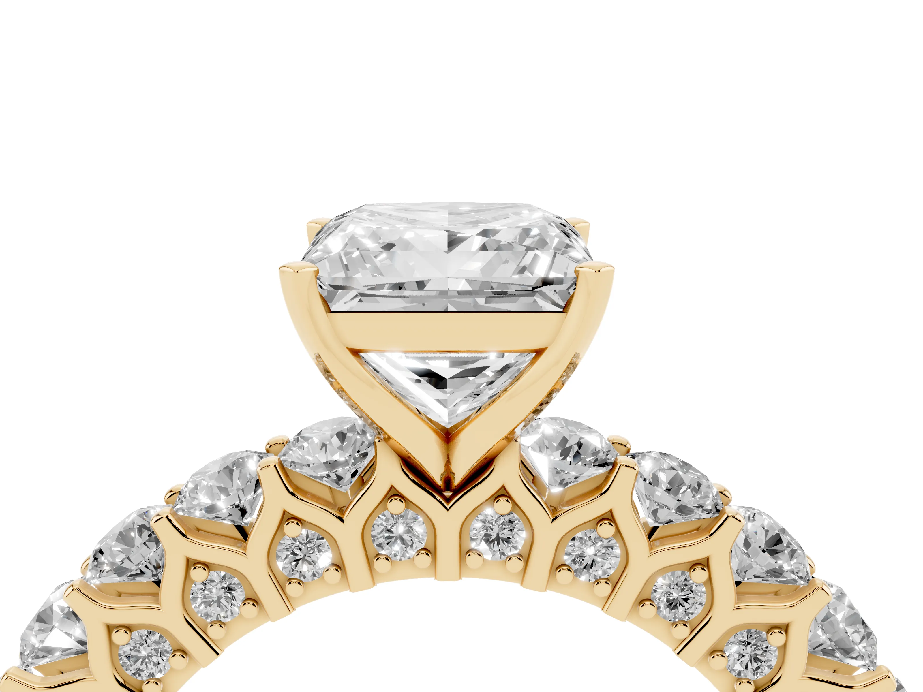 Princess Cut Diamond Solitaire Ring Set in Yellow gold with Shared Prong Pavé Band