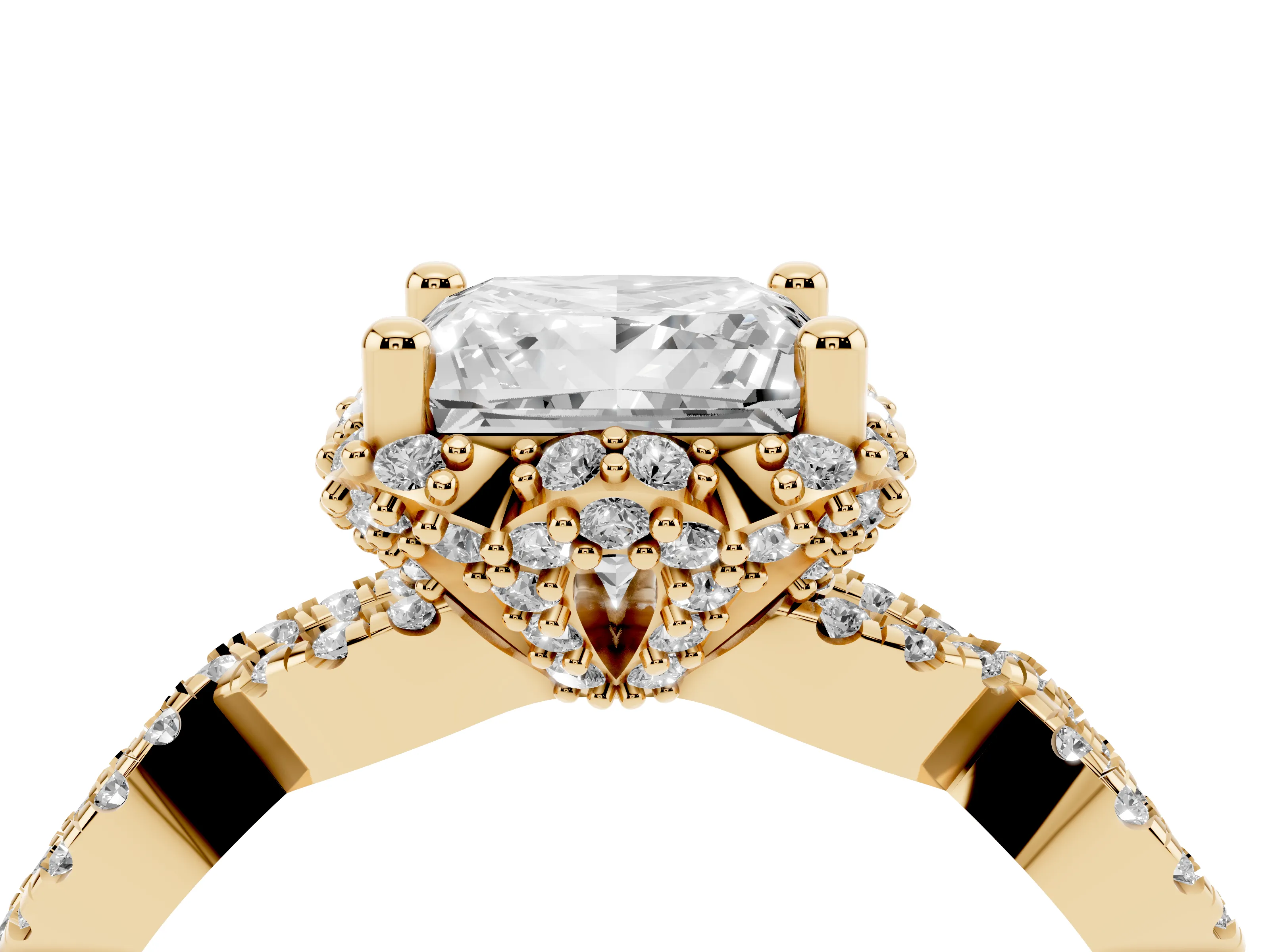Princess Cut Diamond Halo Twist Band Solitaire Ring Set in Yellow gold with Prong-Set Center Stone