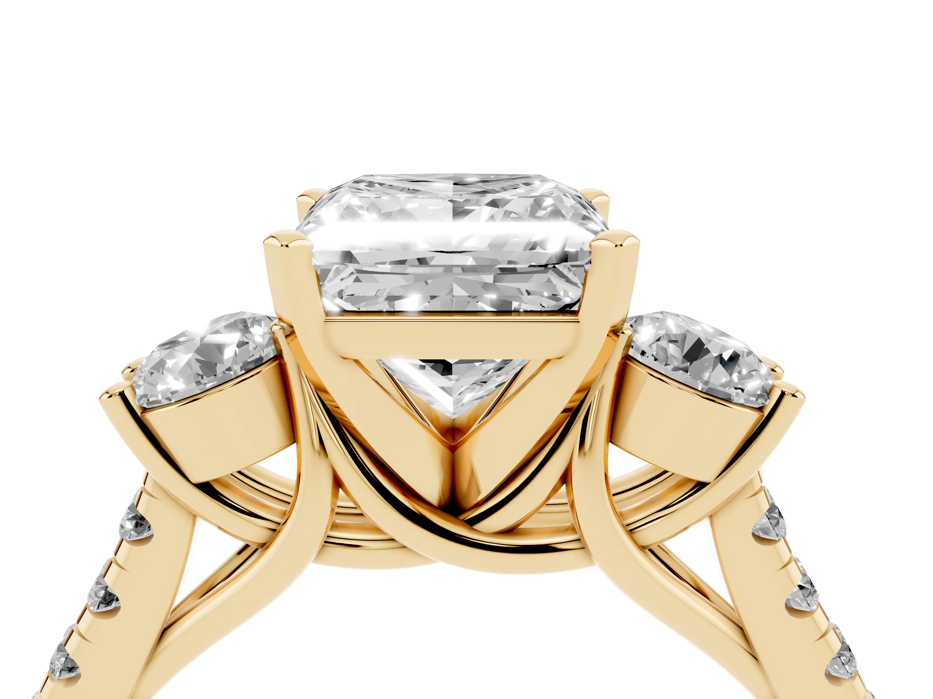 Three-Stone Princess Cut Diamond Pavé Band Ring Set in Yellow gold with Prong-Set Trio