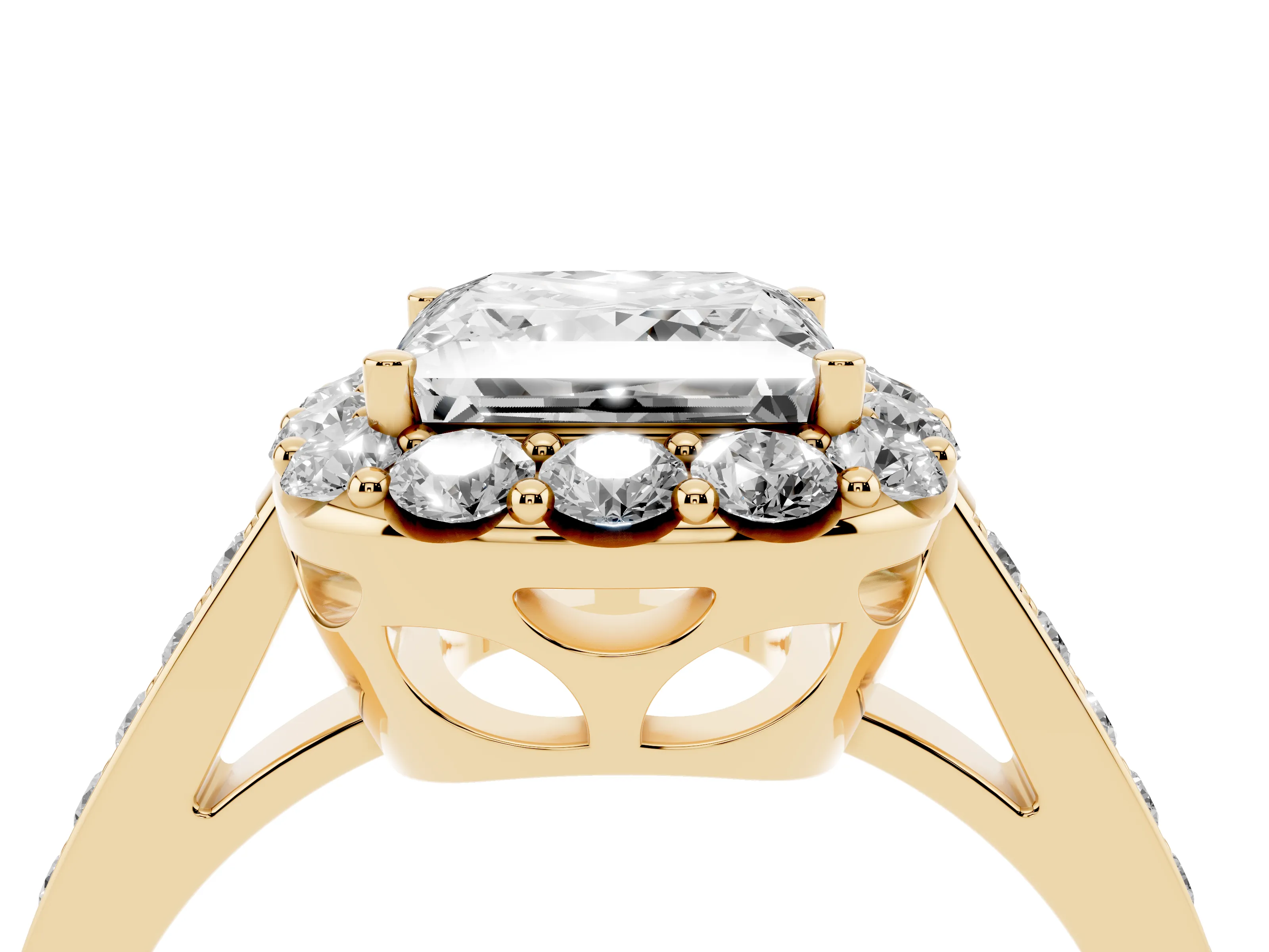 Princess Cut Diamond Floral Halo Ring Set in Yellow gold with Pavé Band and Prong Setting