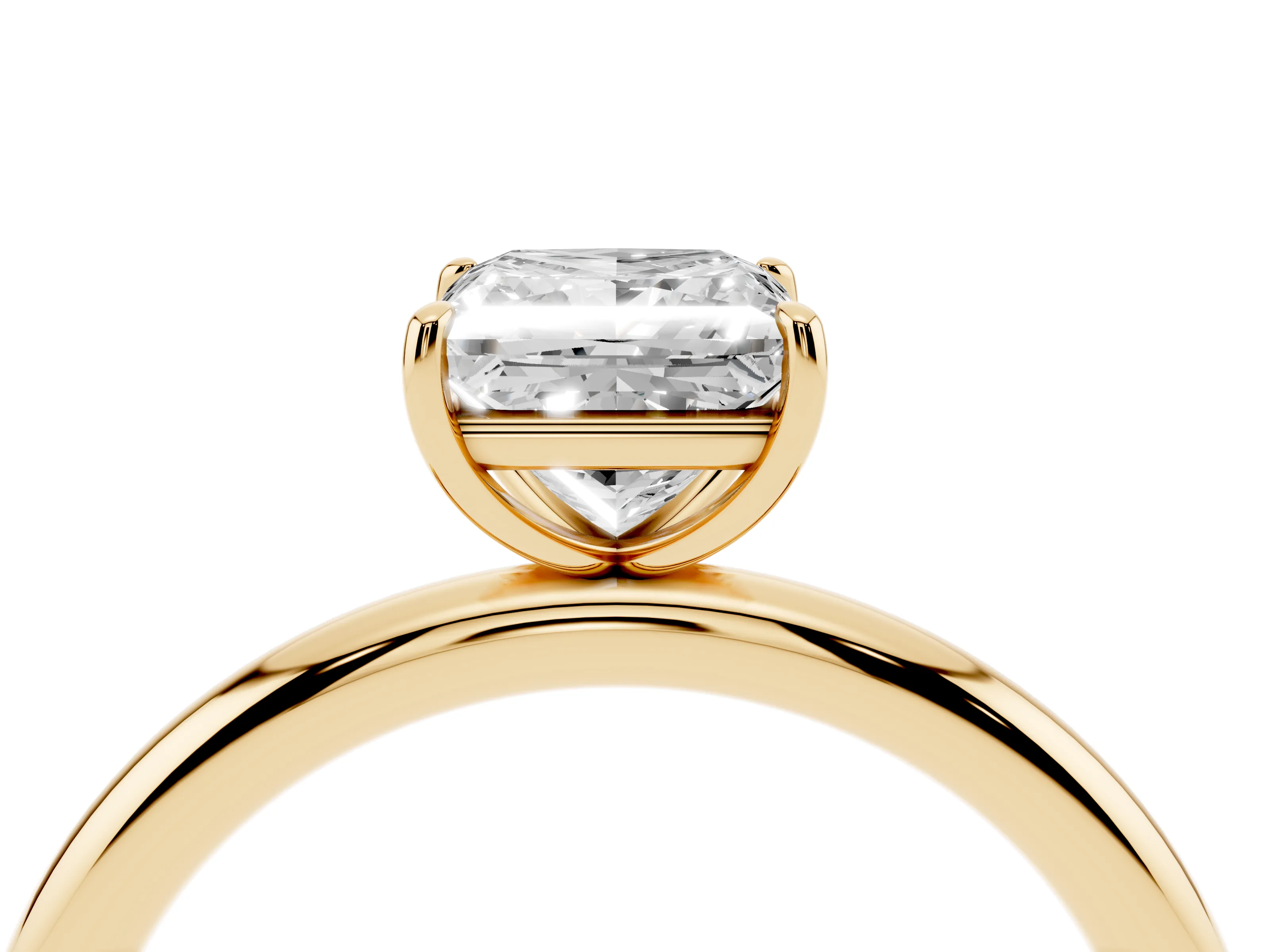 Princess Cut Diamond Solitaire Ring Set in Yellow gold with Prong Setting on a Polished Plain Band