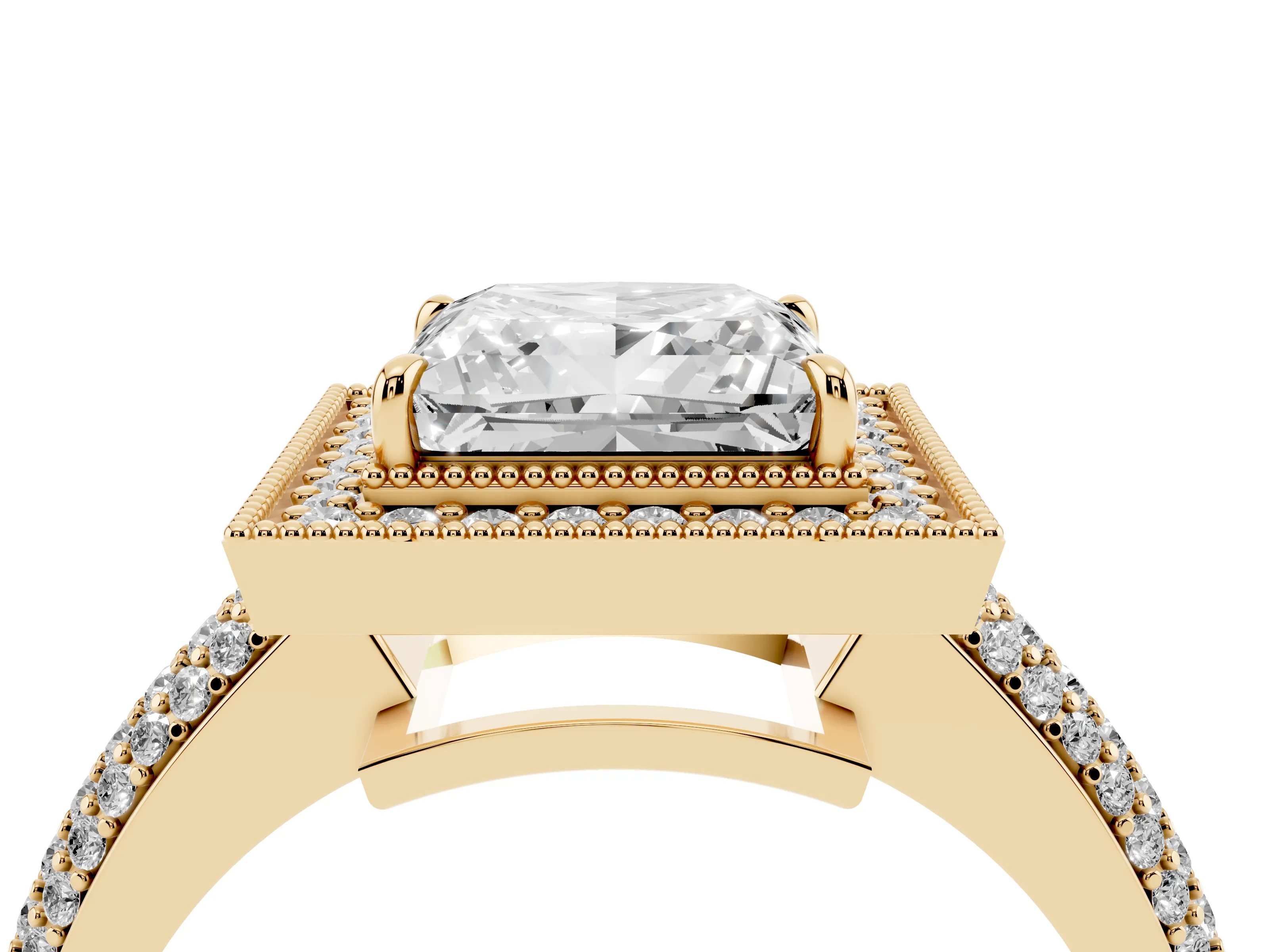 Princess Cut Diamond Halo Pavé Band Set in Yellow gold with Prong Setting