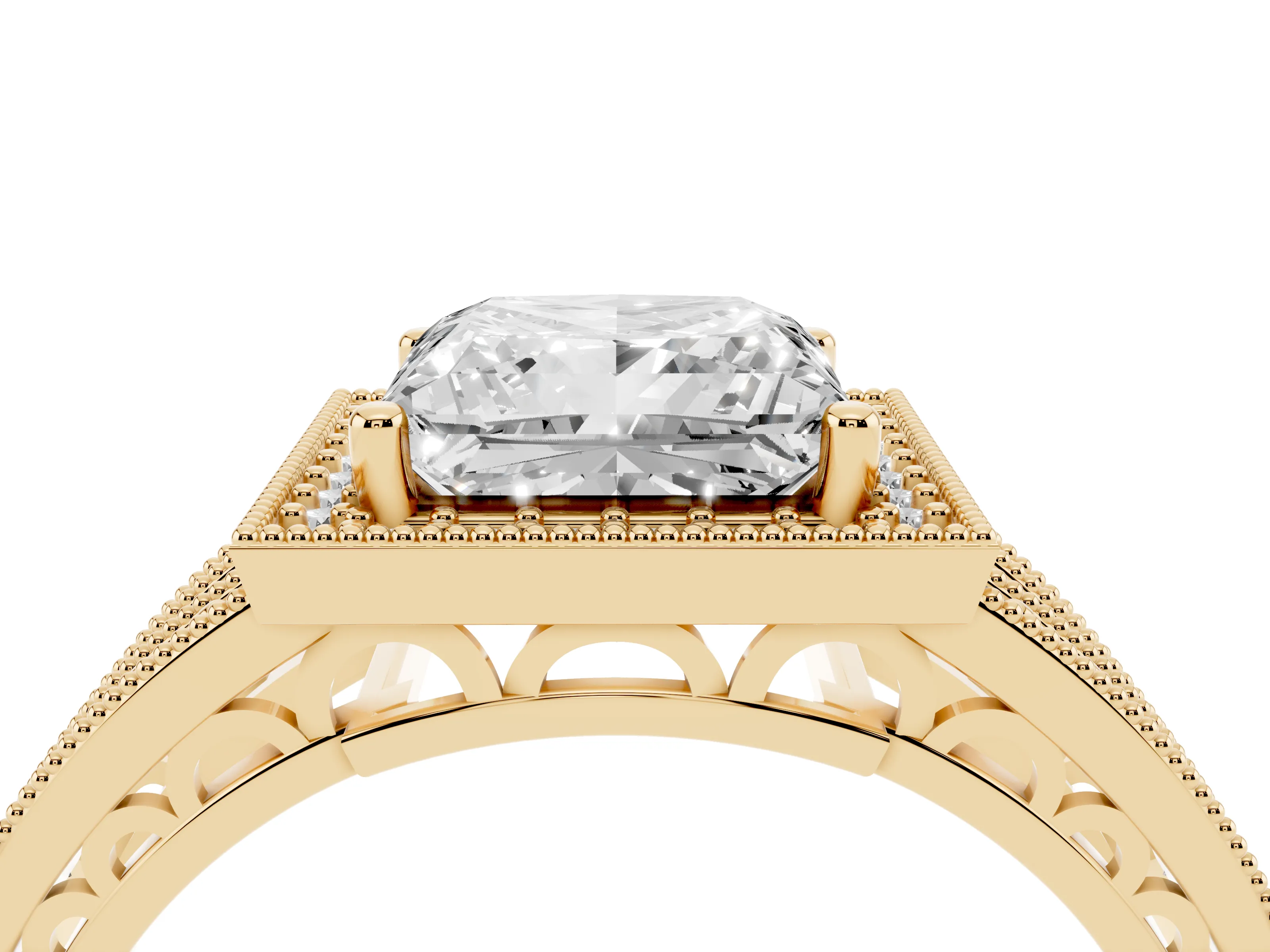 Princess Cut Diamond Halo Ring Set in Yellow gold with Accent Split Shank and Prong Setting