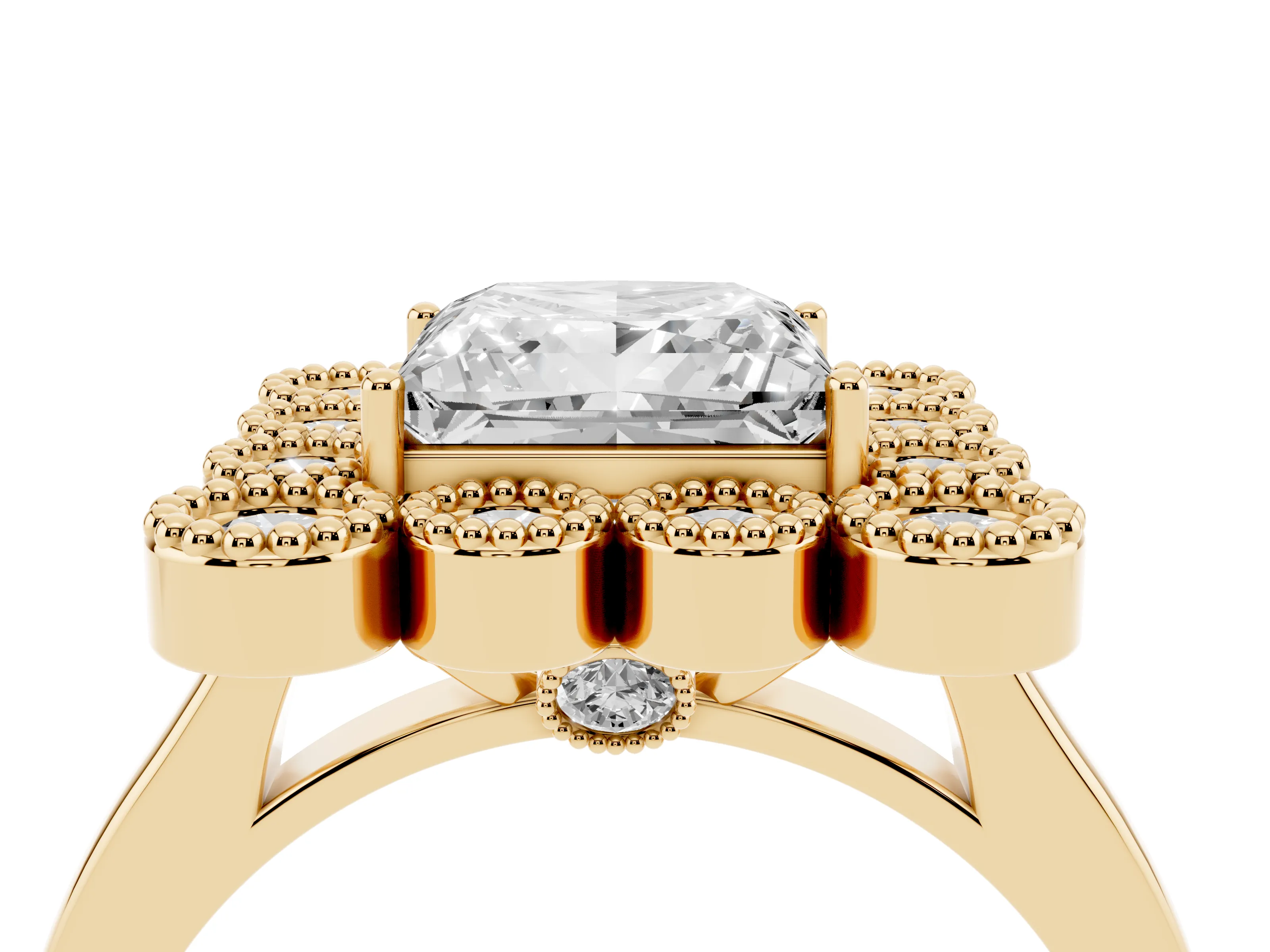 Princess Cut Diamond Cluster Halo Ring Set in Yellow gold with Milgrain Bezel Accents and Plain Band