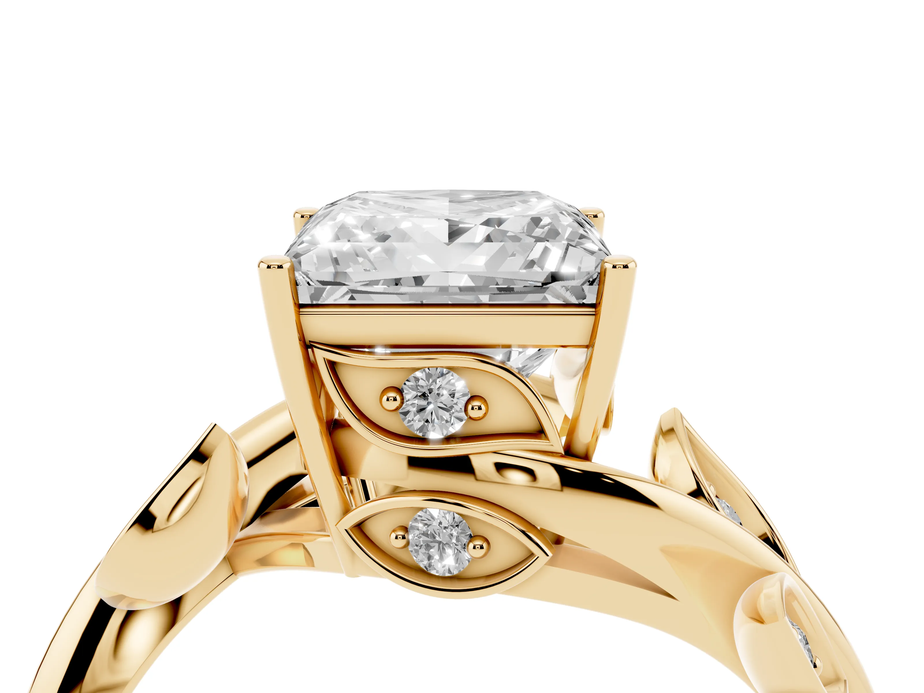 Princess Cut Diamond Solitaire Twist Engagement Ring Set in Yellow gold with Pavé Leaf Accents